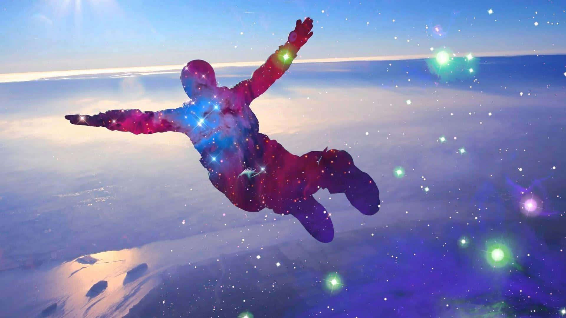 A Person Is Jumping In The Air With Colorful Stars