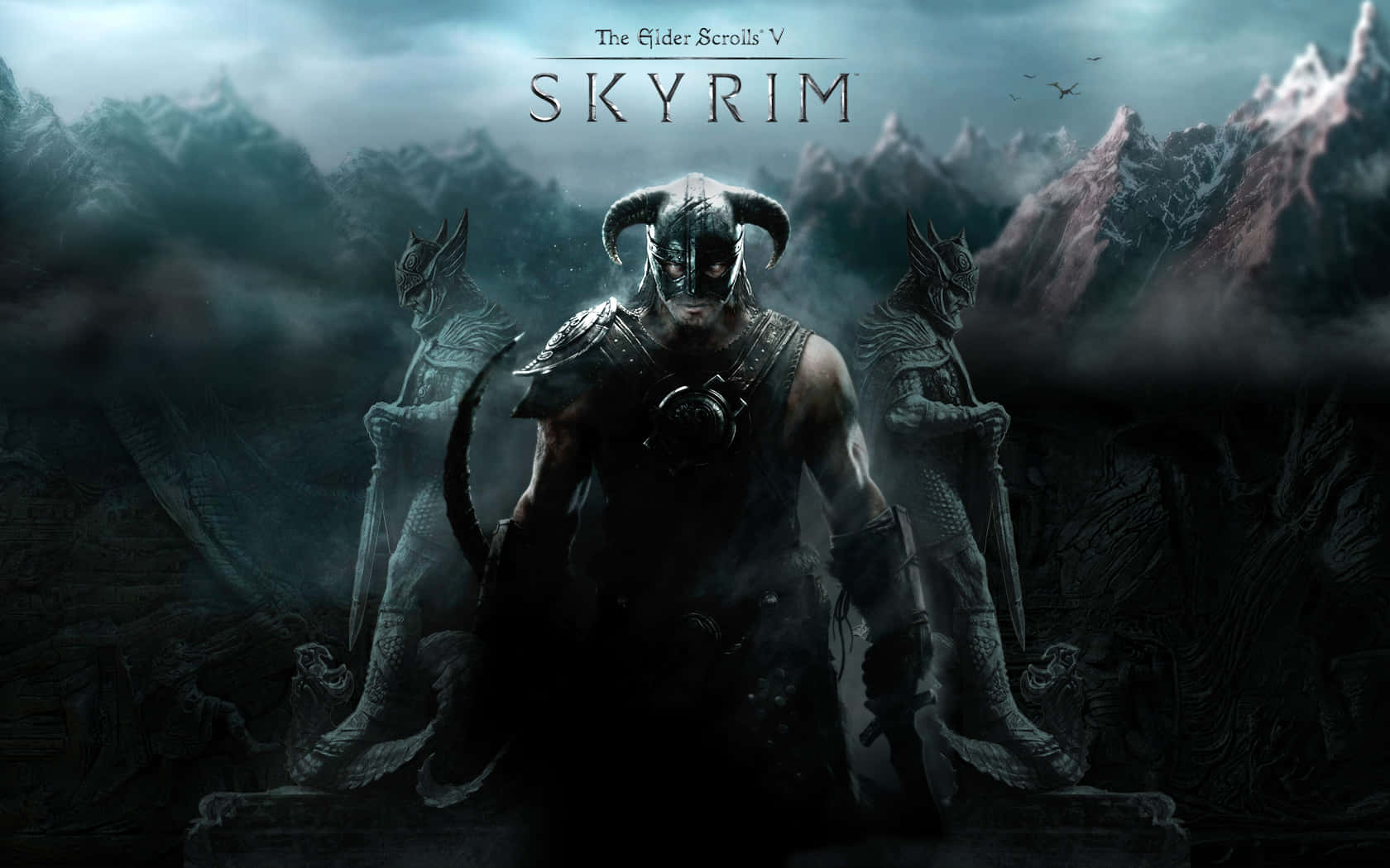 A Majestic View of Skyrim's Vast Landscape with a Warrior in the Forefront
