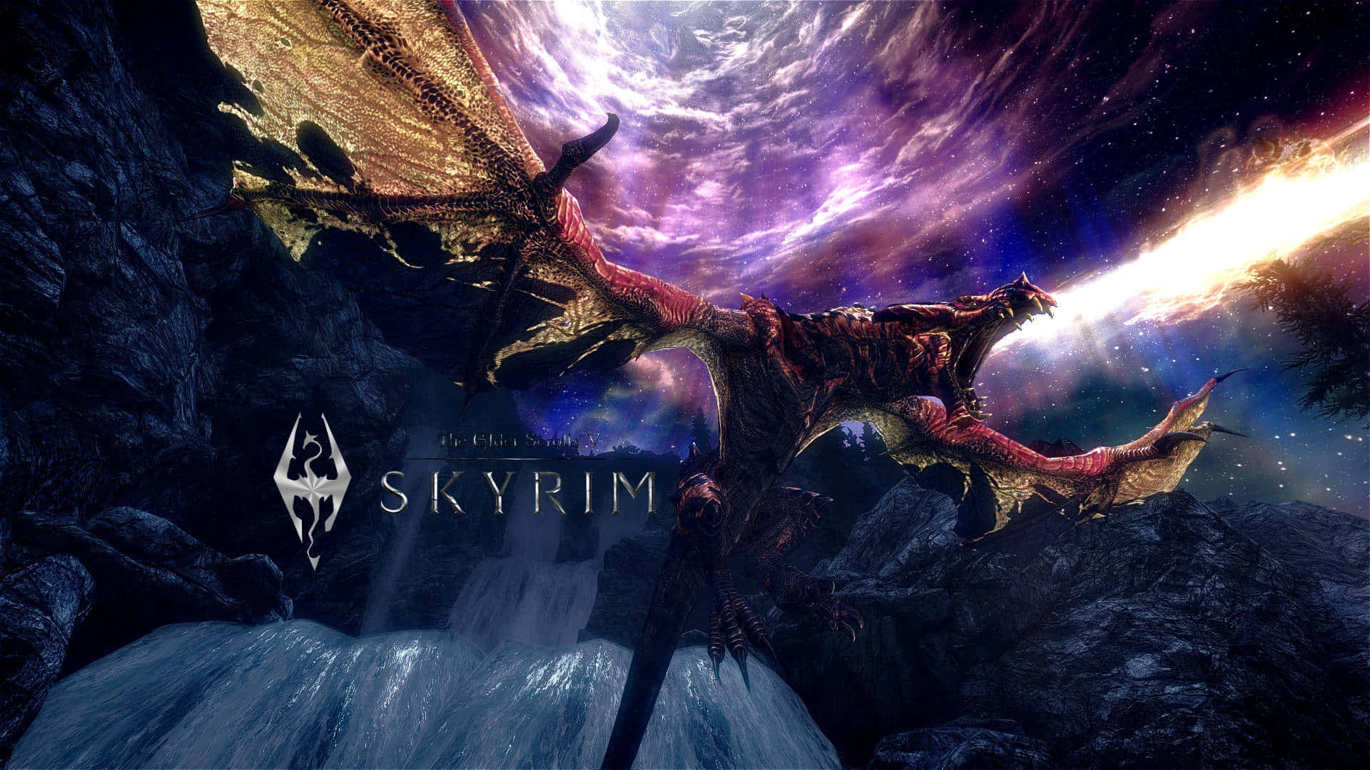 Caption: Majestic Dragon soars above the snowy mountains of Skyrim