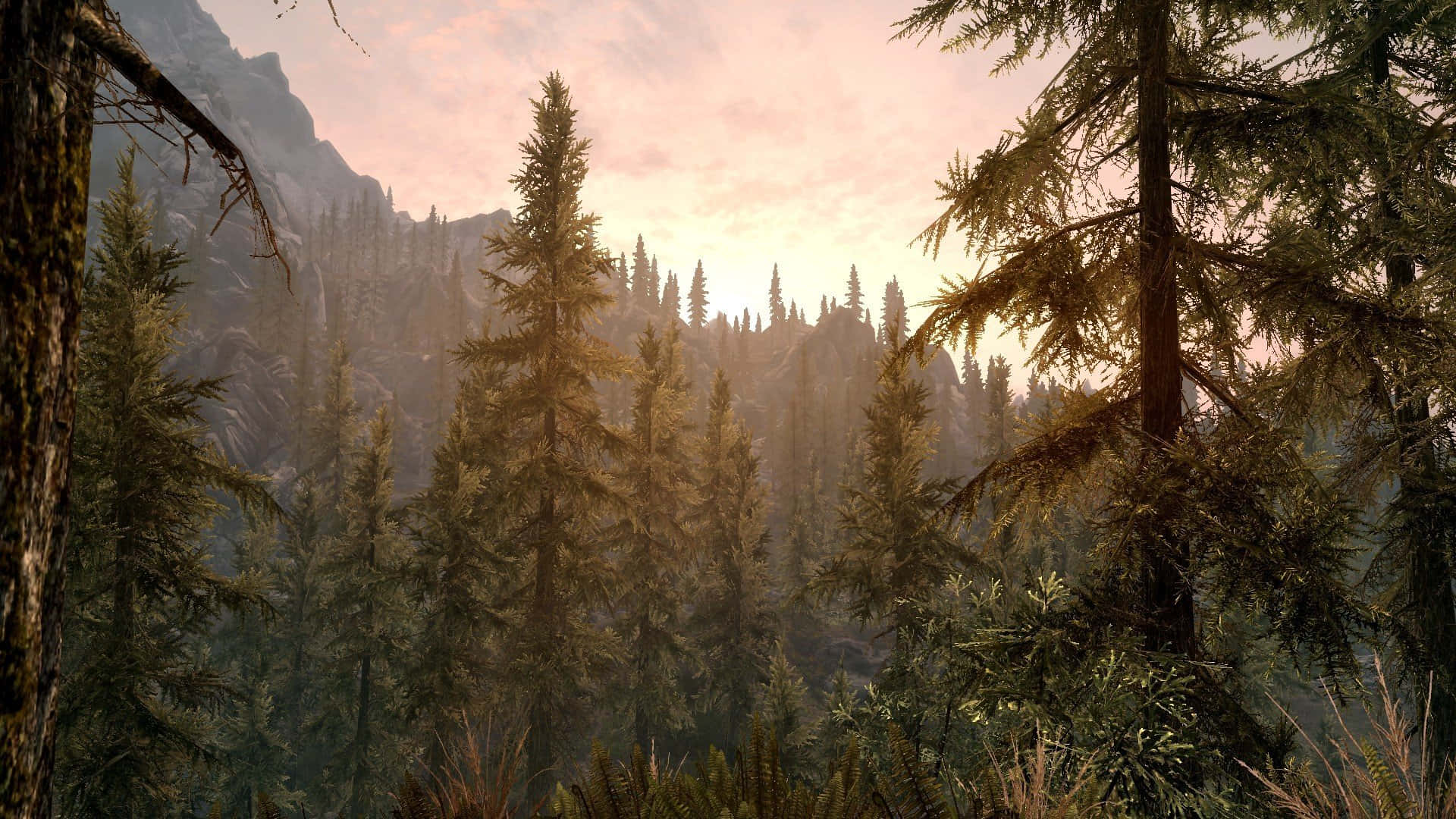 A breathtaking view over a Skyrim landscape at dawn