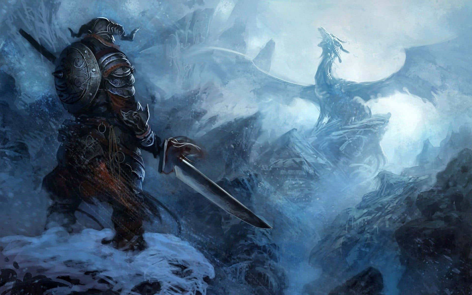 Skyrim Landscape with Dragon and Adventurer