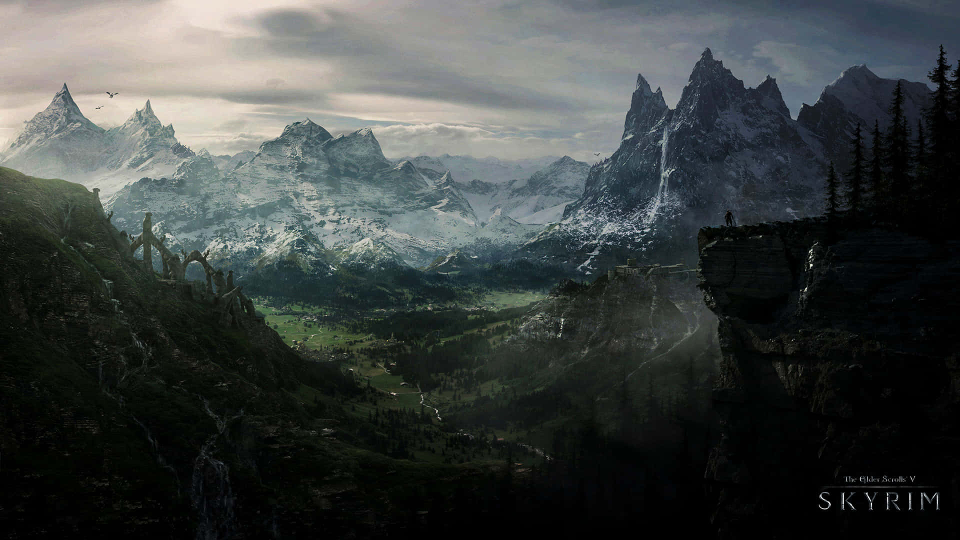 Majestic Skyrim Landscape with Dragons and Warriors