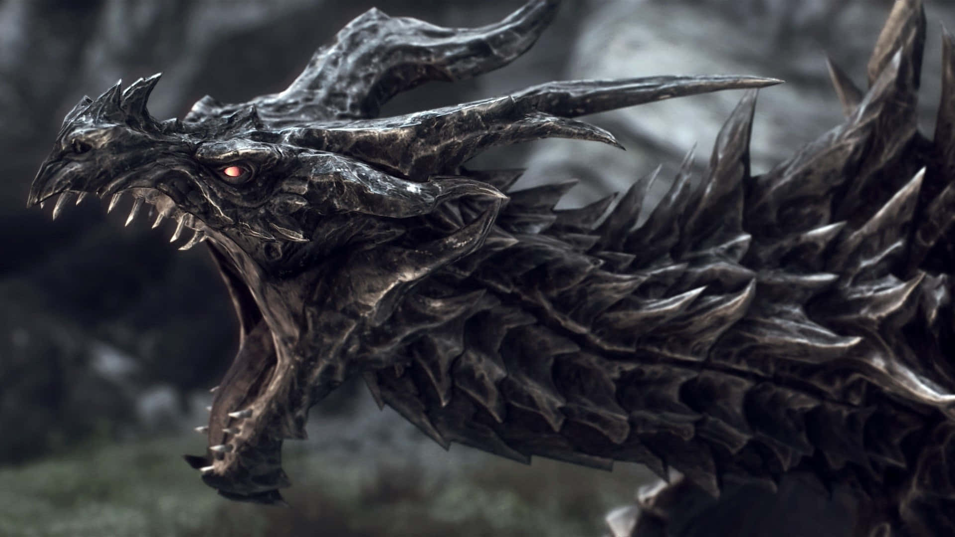 Alduin, the World Eater, menacingly approaches in all its glory in The Elder Scrolls V: Skyrim. Wallpaper