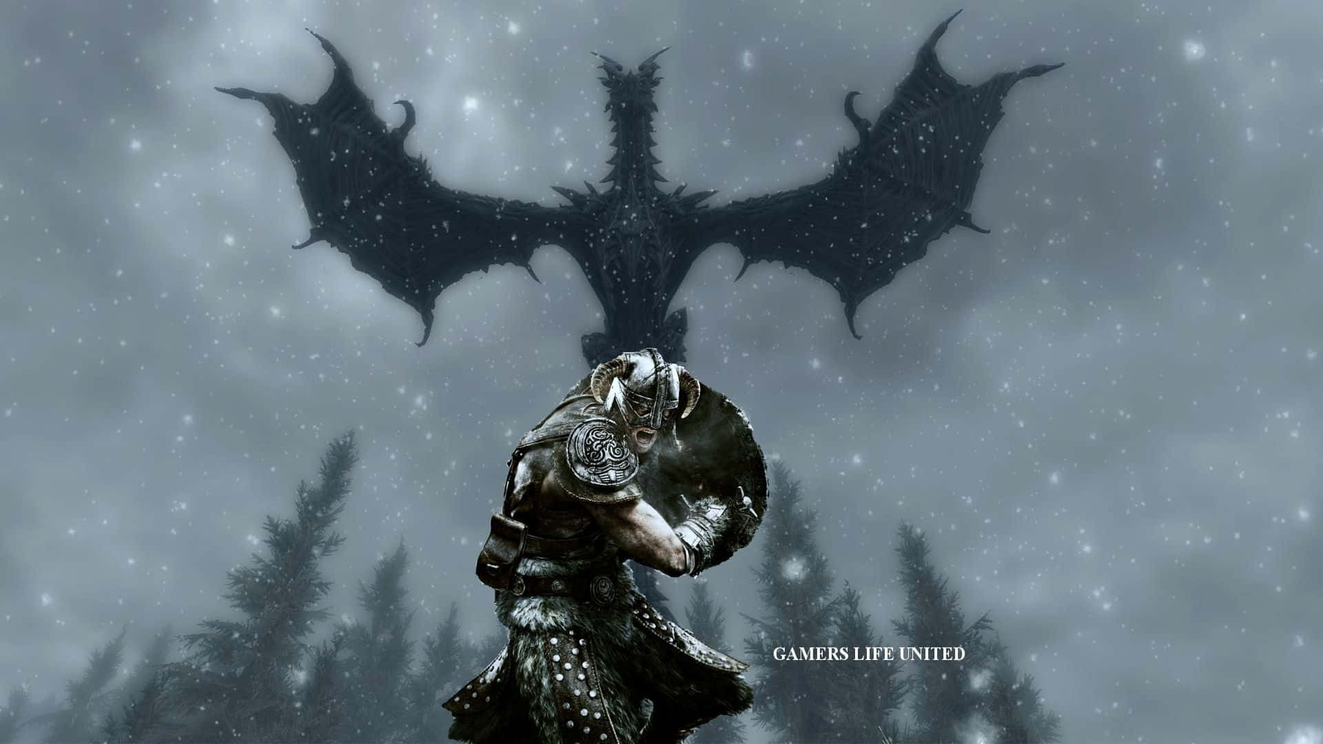 Alduin, the World-Eater Dragon, dominating the skies of Skyrim Wallpaper