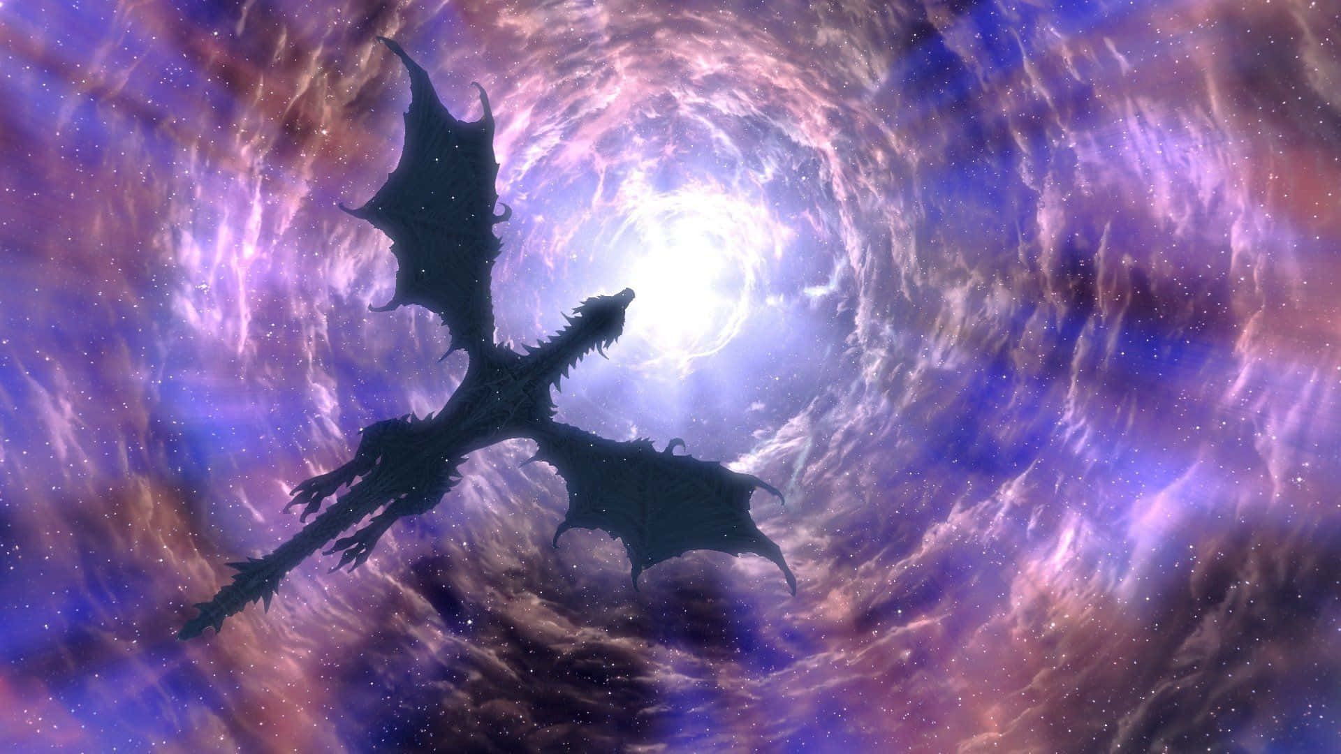 Alduin,el Dragón Devorador Del Mundo, Surcando Los Impresionantes Paisajes De Skyrim. Fondo de pantalla
