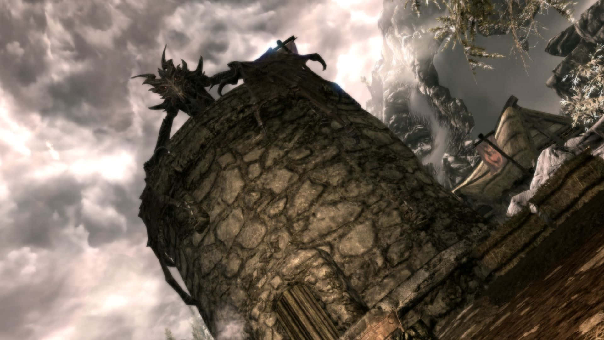 Alduin, The World-Eater, in a fierce battle in the epic game of Skyrim Wallpaper