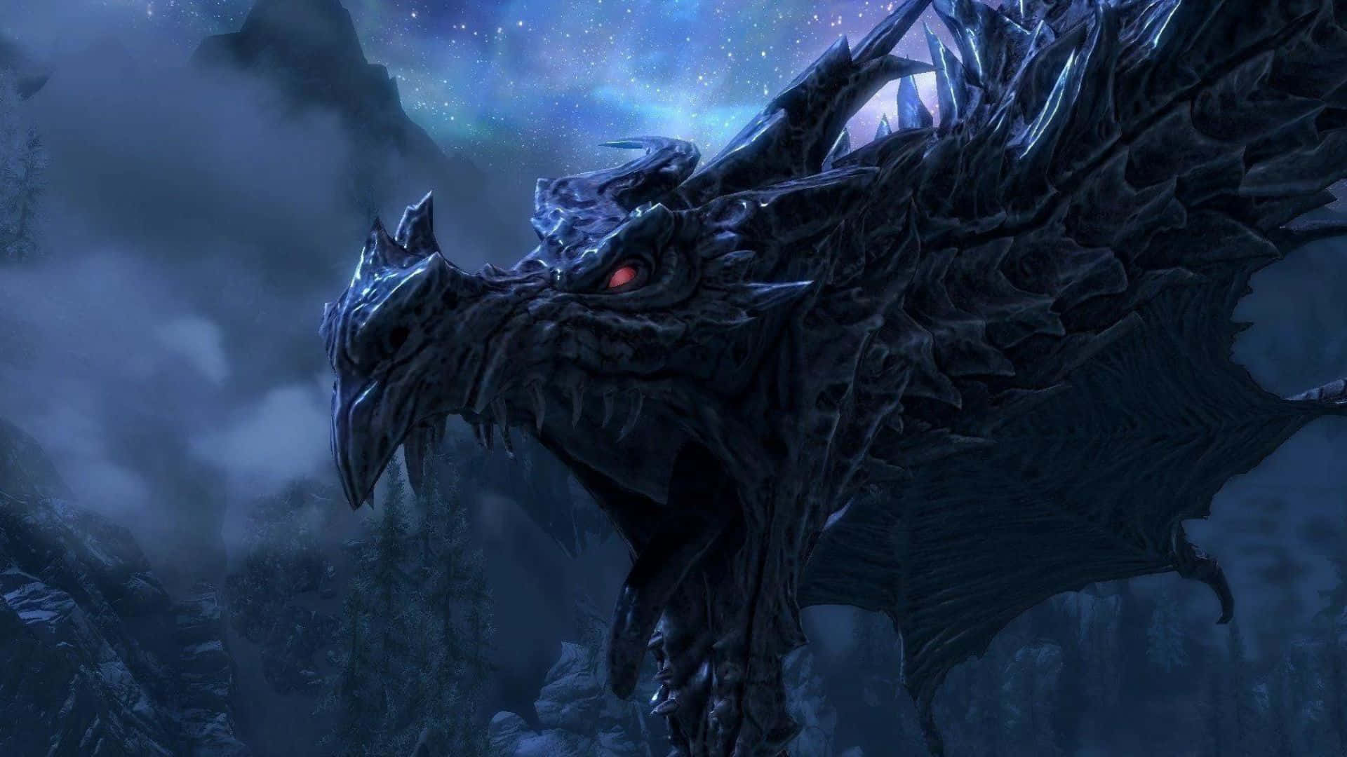 Alduin, the World Eater, soaring above the ancient ruins in Skyrim Wallpaper