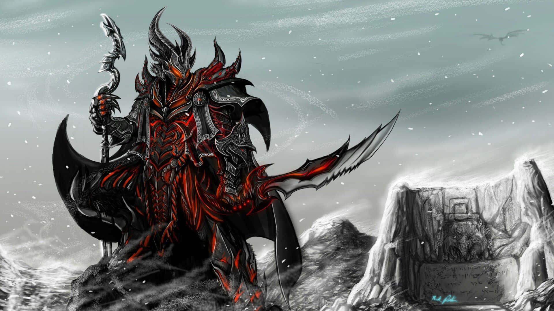 The Daedric Warrior standing tall in the world of Skyrim. Wallpaper