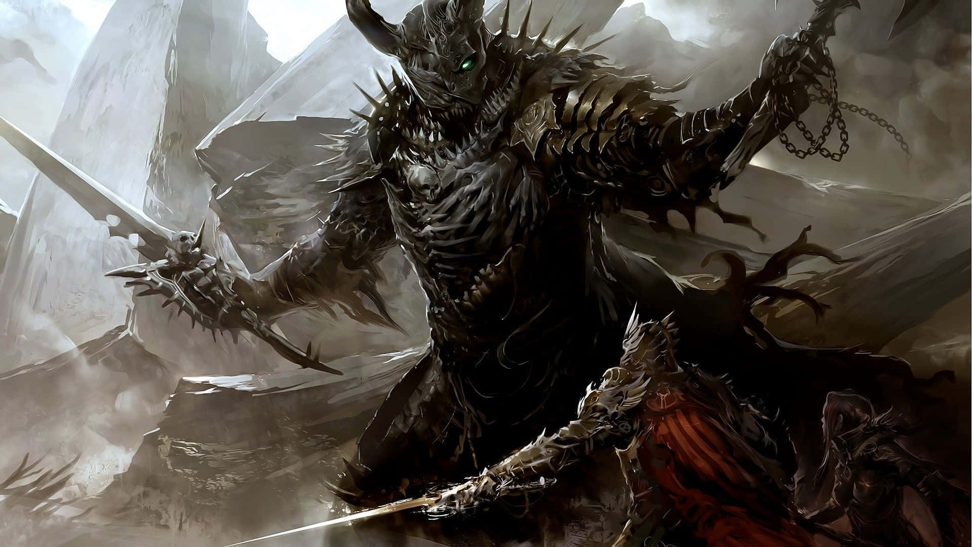The Daedric Warrior emerges in the mystical world of Skyrim Wallpaper