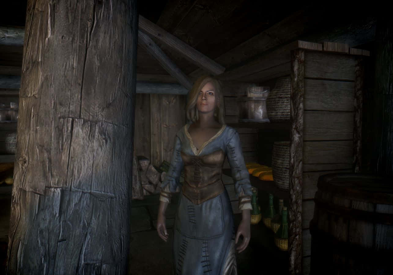 Delphine,una Cuchilla En Skyrim, Se Prepara Para La Batalla En Un Entorno Nórdico Antiguo. Fondo de pantalla