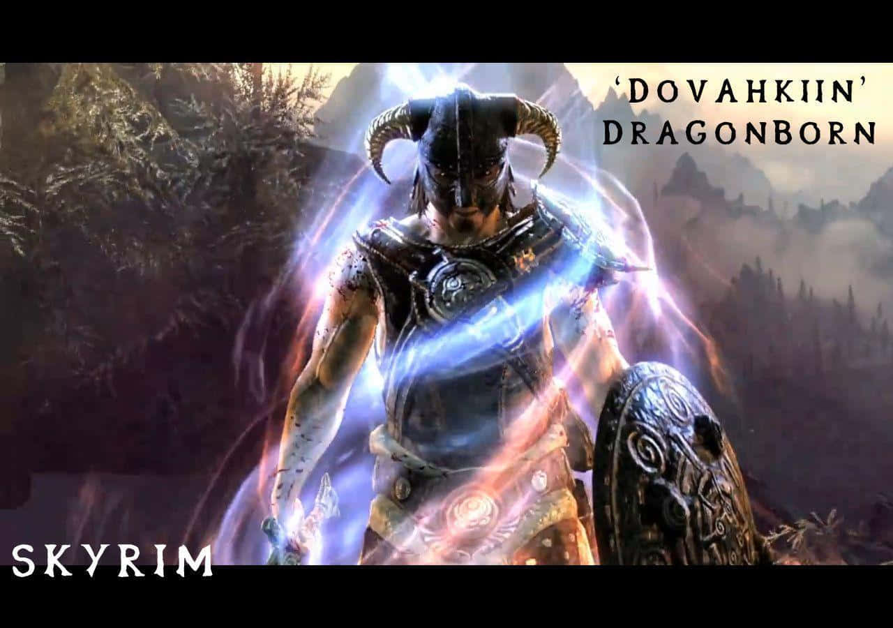 Intimidating Skyrim Dragonborn with a fearsome dragon in the background Wallpaper