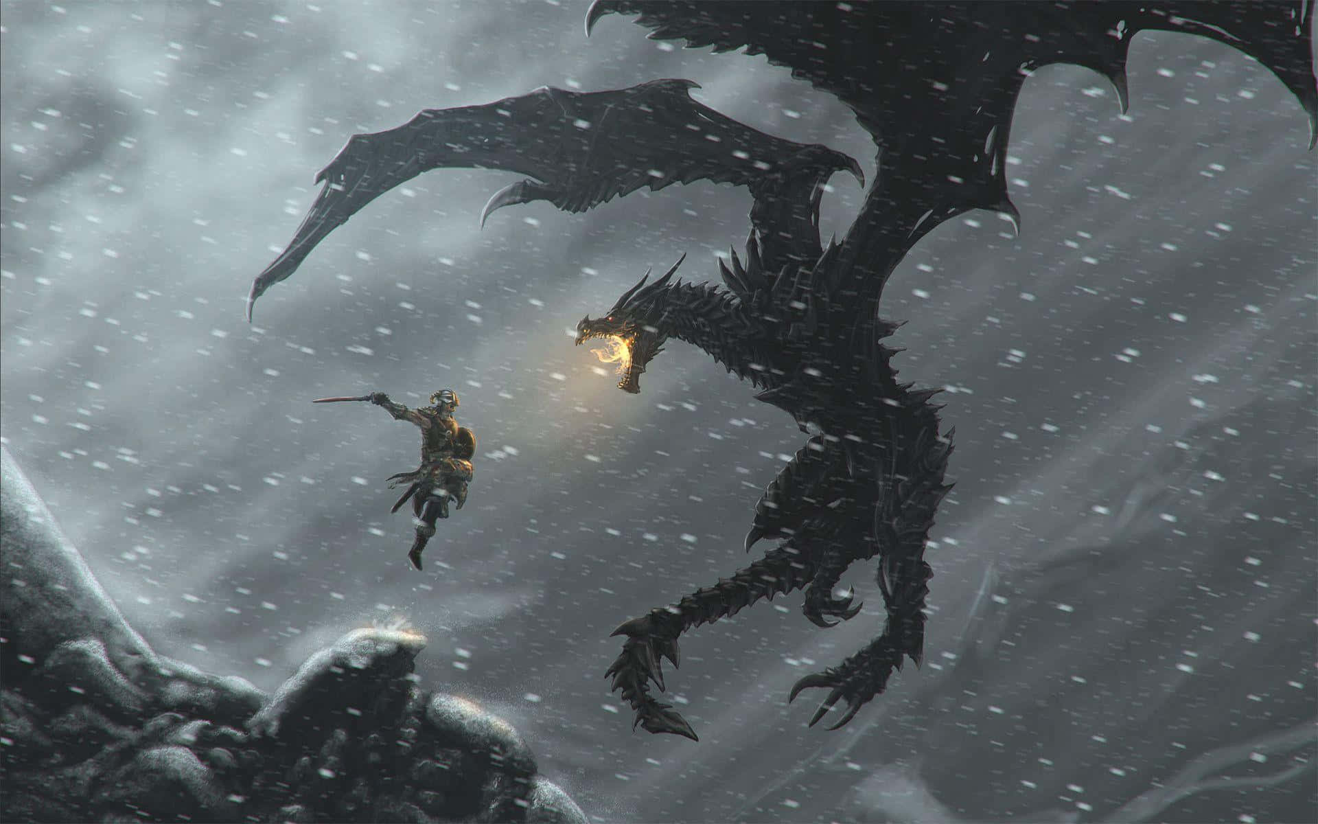 Skyrim Dragonborn battling a mighty dragon Wallpaper