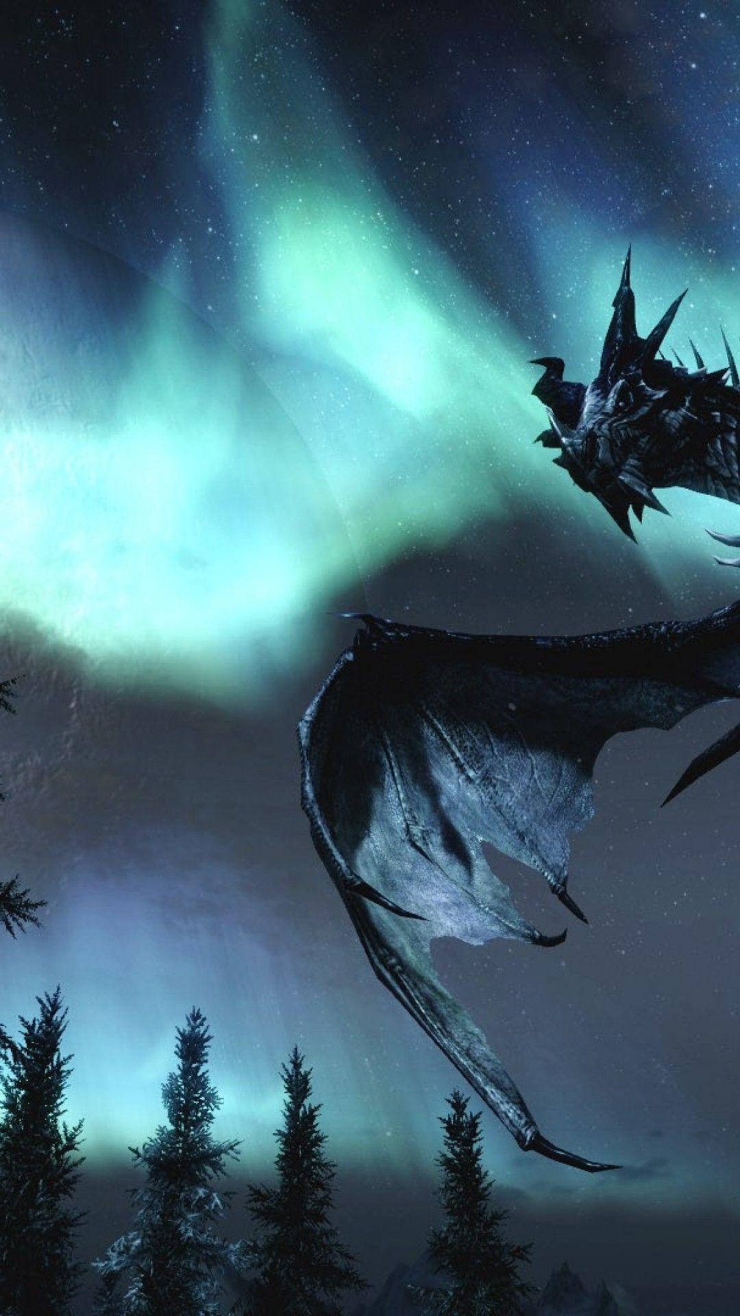 Skyrim Iphone Dragon In Night Sky Wallpaper