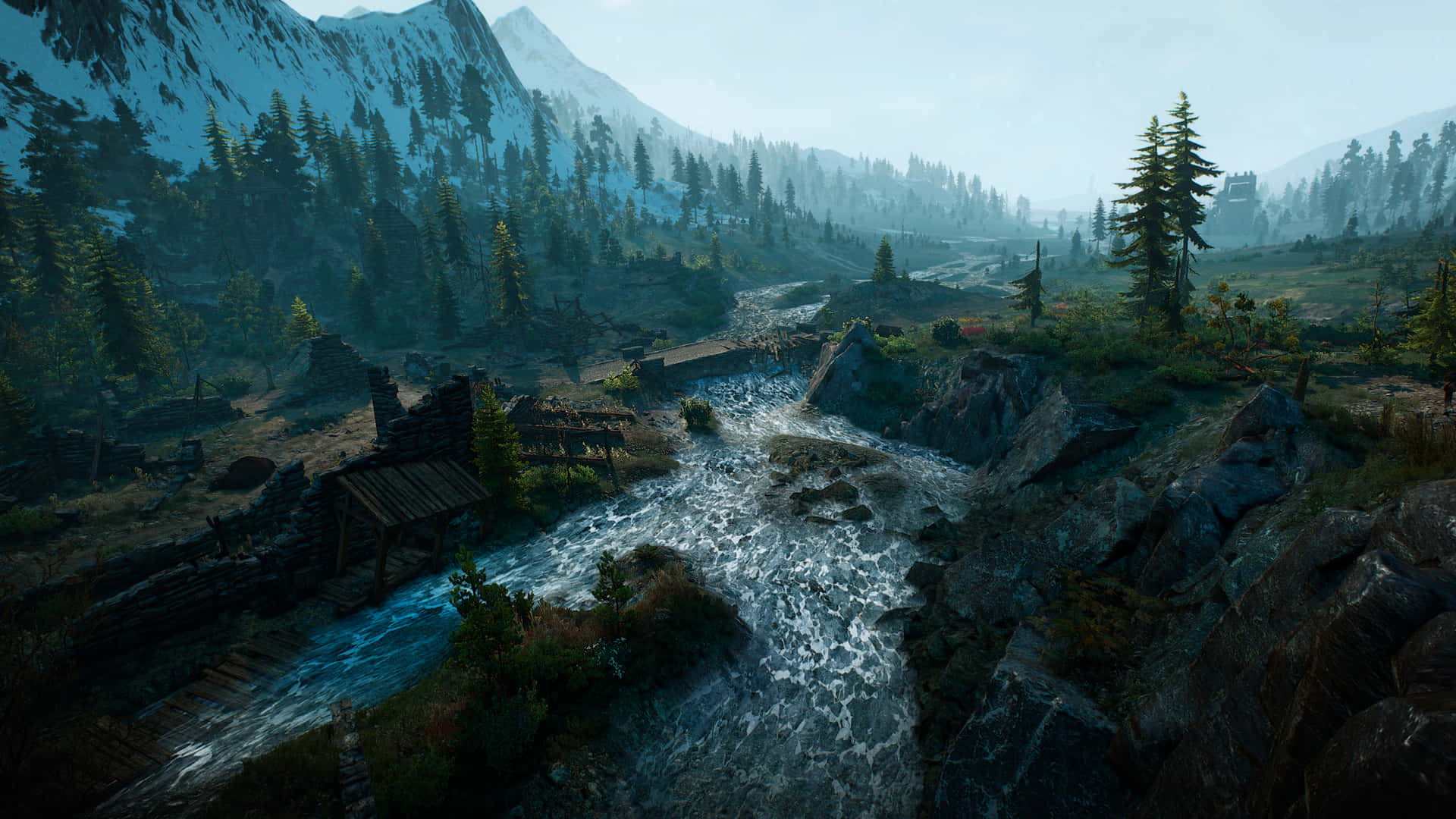 Skyrim Flowing River On Mountain Landscape Wallpaper