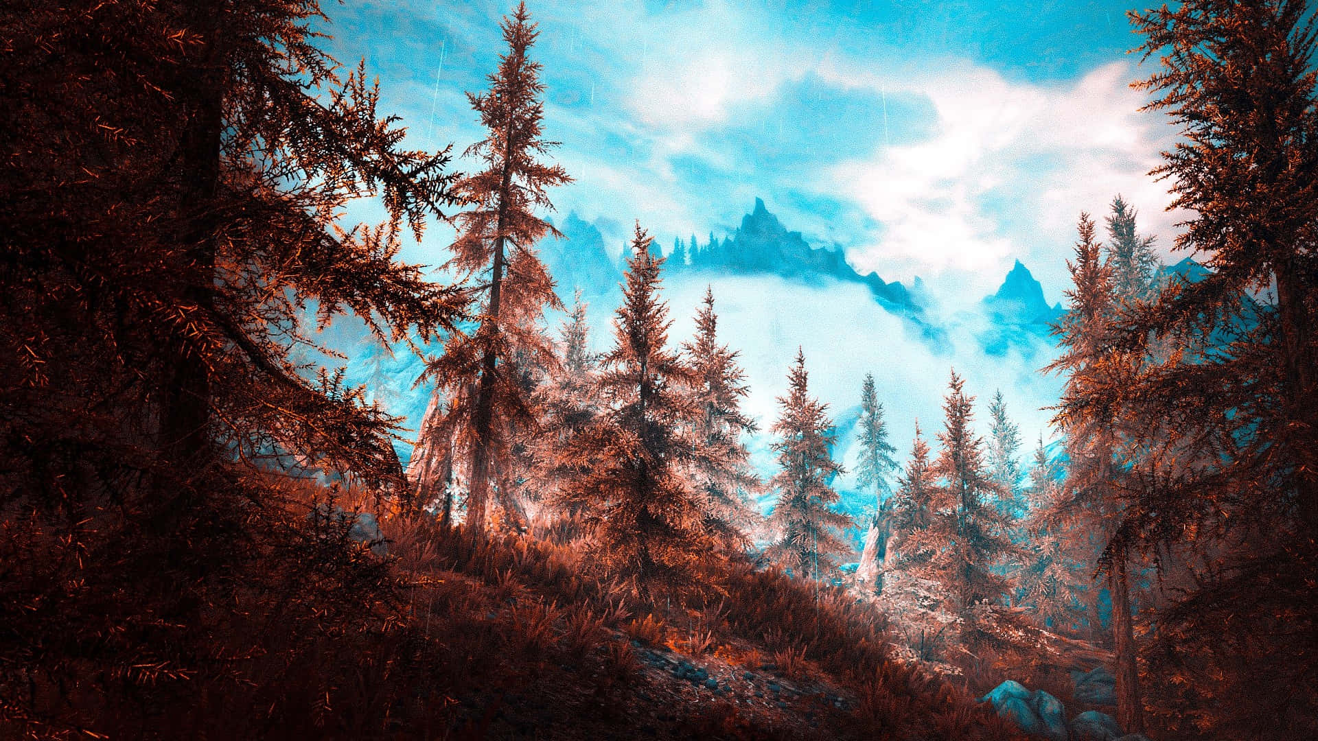 Kiefernbäumeauf Dem Gebirge Skyrim Landschaft. Wallpaper