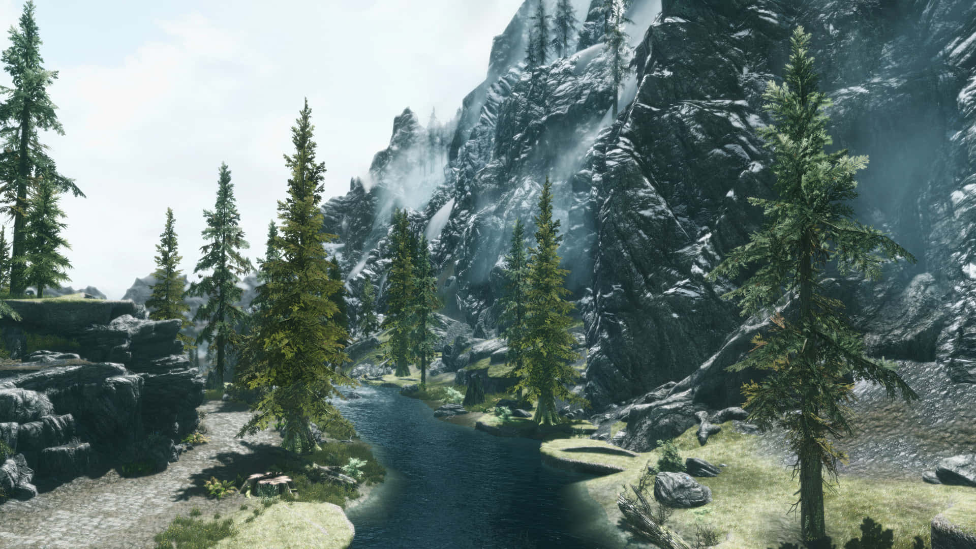 Travel to the depths of a fantasy world with this "Skyrim Landscape". Wallpaper