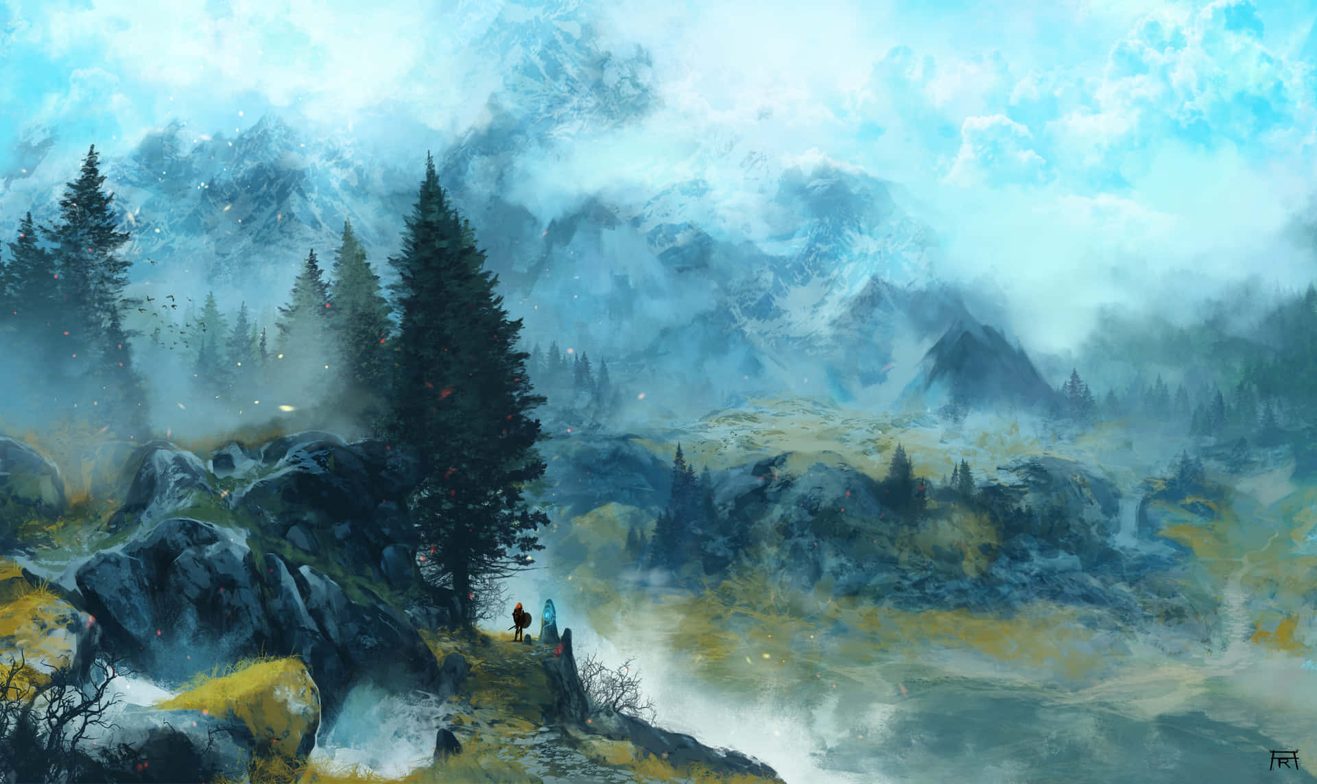 Paesaggiodi Skyrim Con Montagna Avvolta Dalla Nebbia. Sfondo