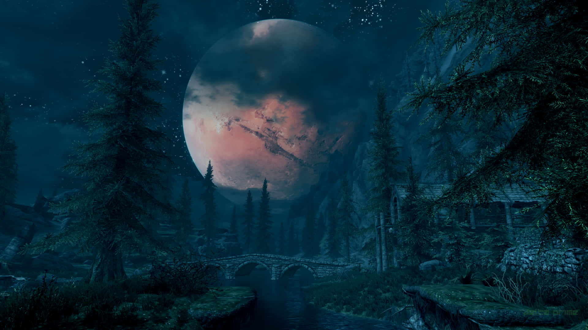 Granluna Sobre Paisaje Del Bosque De Skyrim. Fondo de pantalla