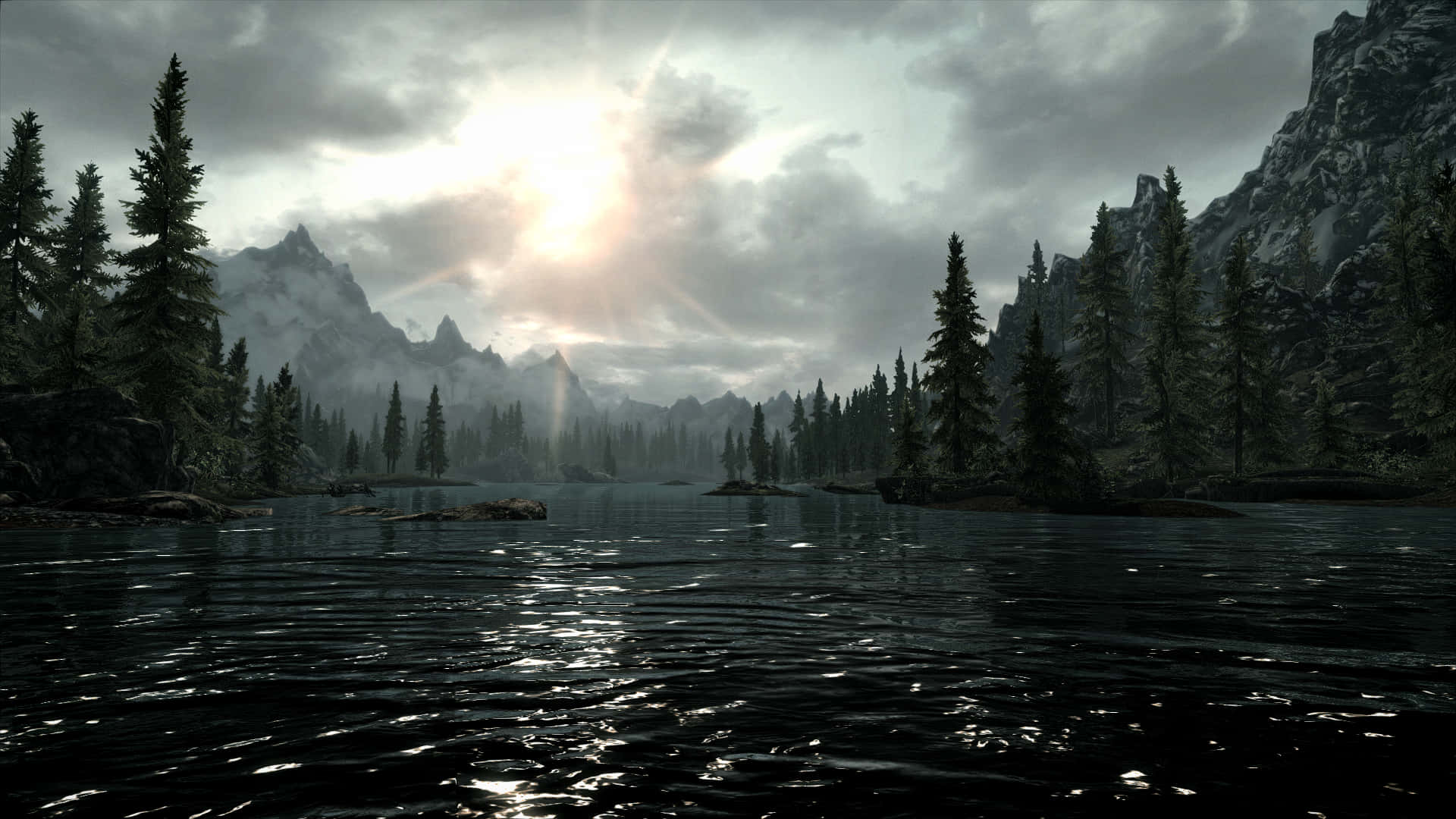 "Immerse yourself in the breathtaking beauty of Skyrim's majestic landscape." Wallpaper