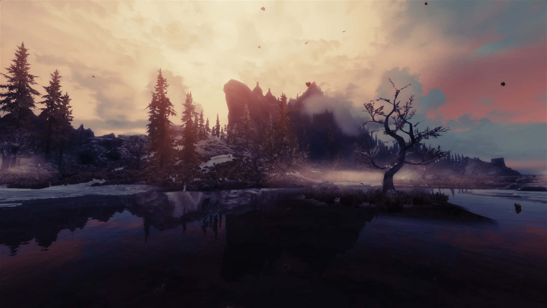 The majestic beauty of Skyrim's mountains at twilight Wallpaper