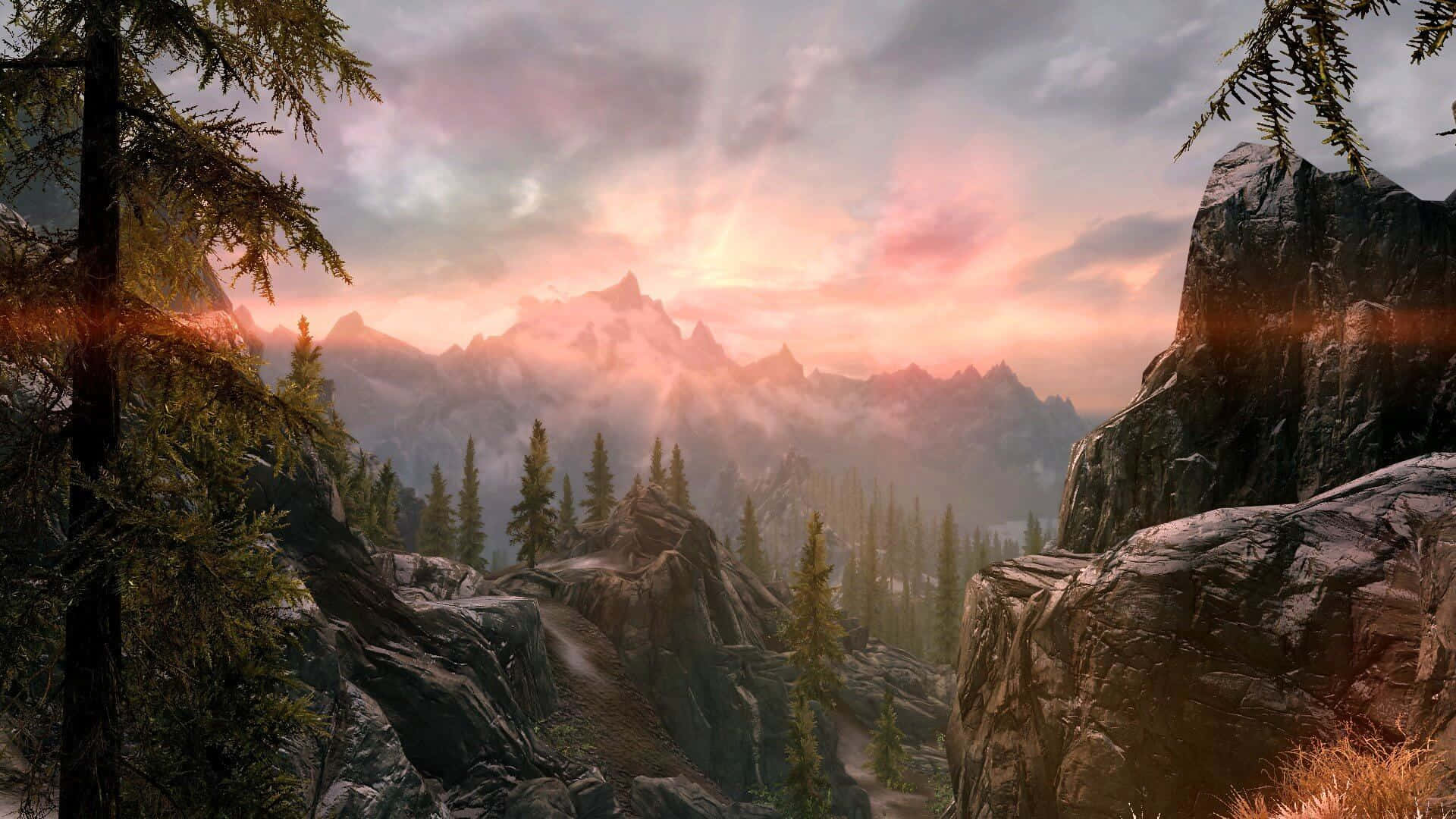 Majestic Skyrim Landscape - A breathtaking view of the Nordic wilderness Wallpaper