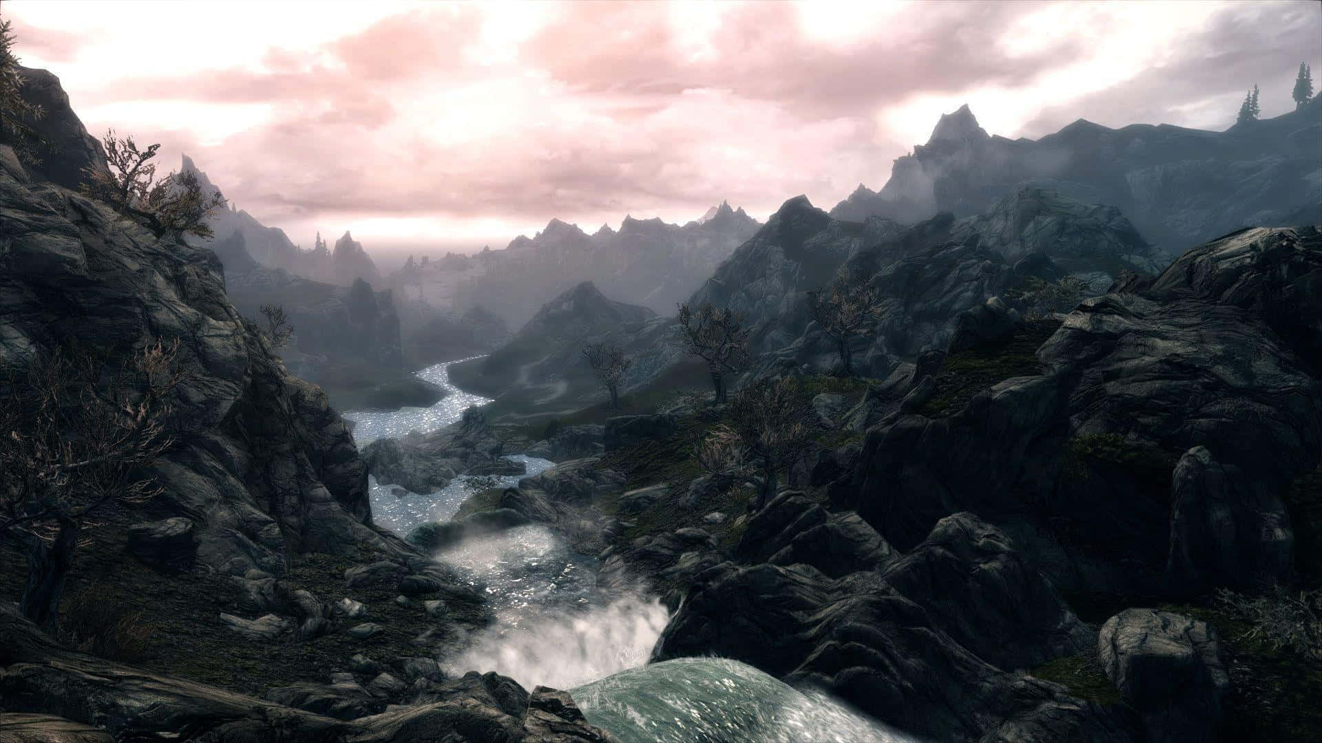 Stunning view of the majestic mountains in Skyrim Wallpaper