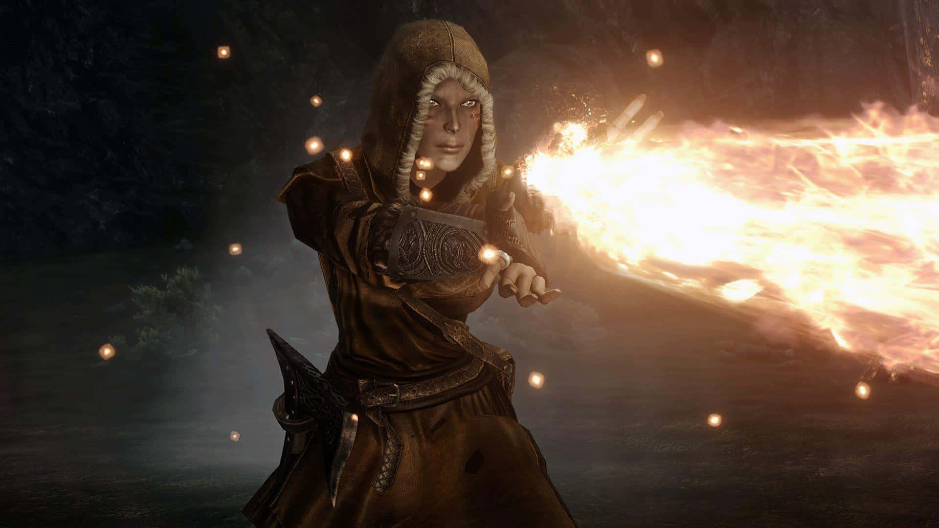 Powerful Skyrim Mage casting a spell in battle Wallpaper