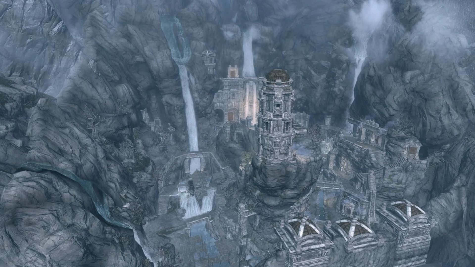 A picturesque view of Markarth with its ancient stone architecture in the world of Skyrim. Wallpaper