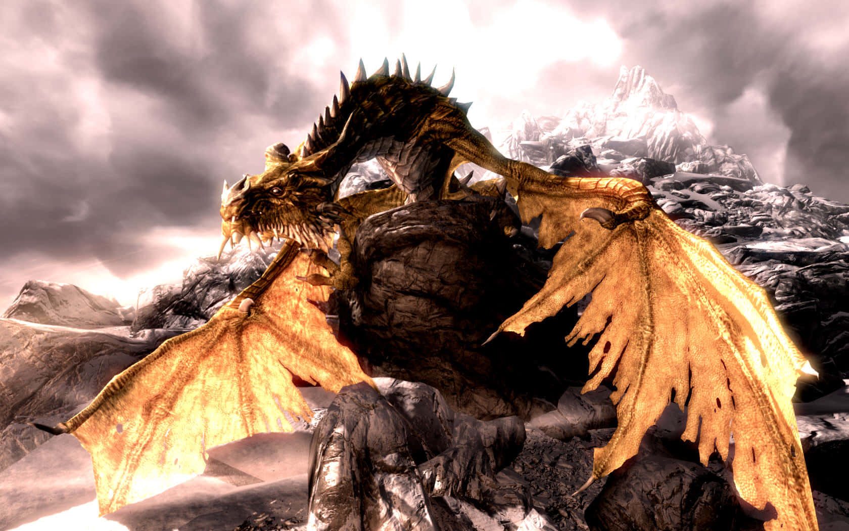Paarthurnax, the iconic dragon from Skyrim, soaring high above the mountain peaks Wallpaper