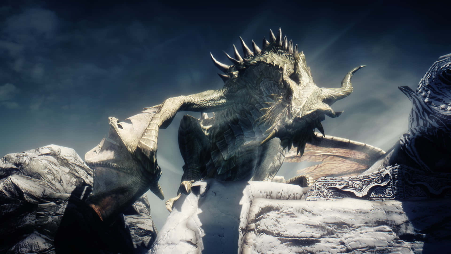 Paarthurnax perched atop the Throat of the World in Skyrim Wallpaper