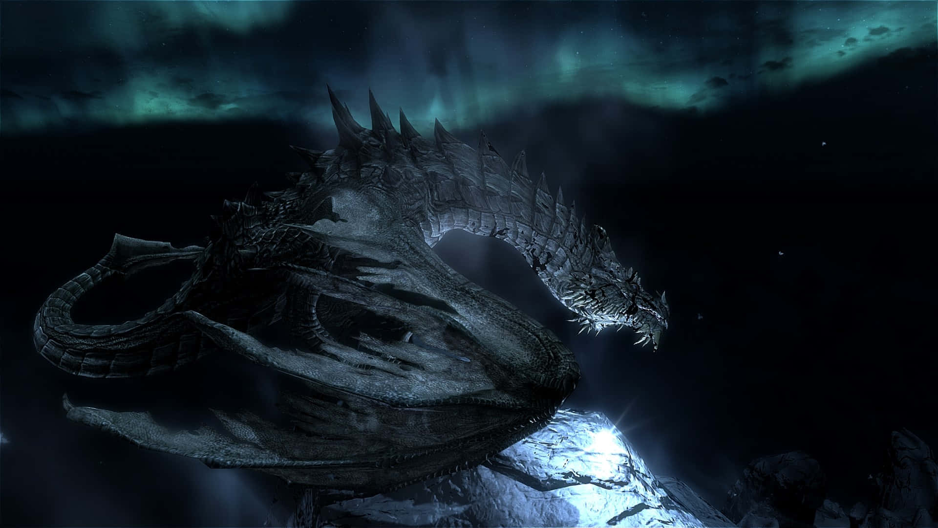 Mystic Paarthurnax atop a snowy mountaintop in the world of Skyrim. Wallpaper