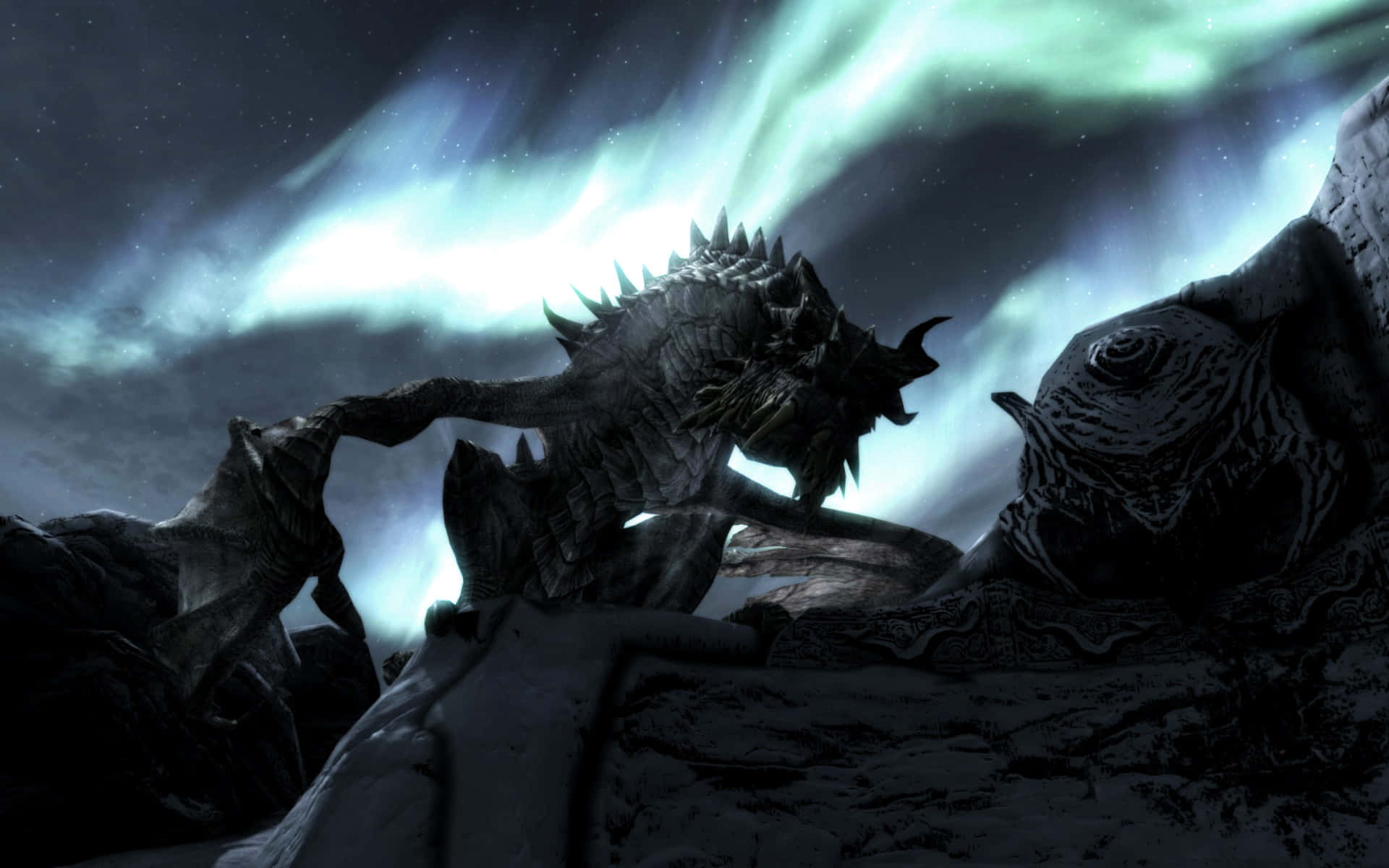 A breathtaking view of Paarthurnax, the legendary dragon from The Elder Scrolls V: Skyrim, perched upon the peak of the Throat of the World. Wallpaper