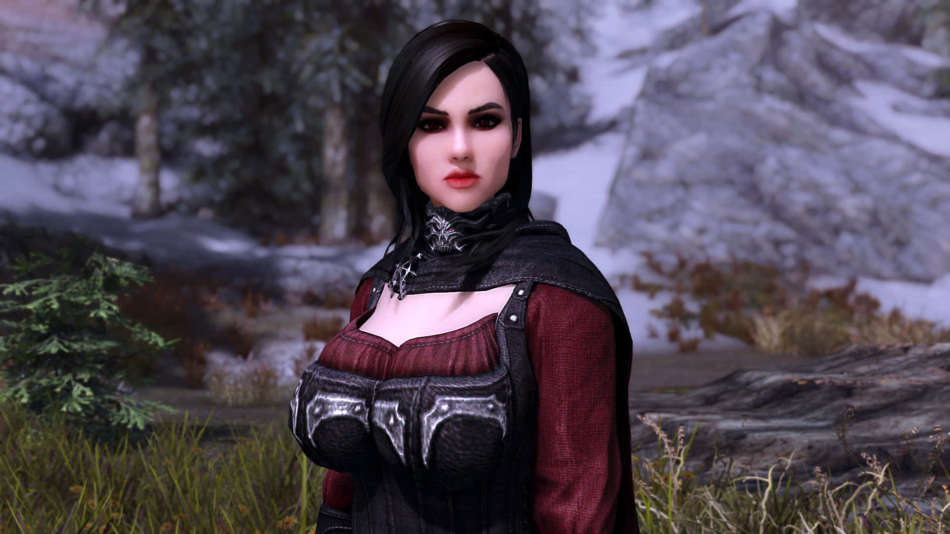 Serana, the powerful vampire from Skyrim, standing in the mystical world of Tamriel. Wallpaper