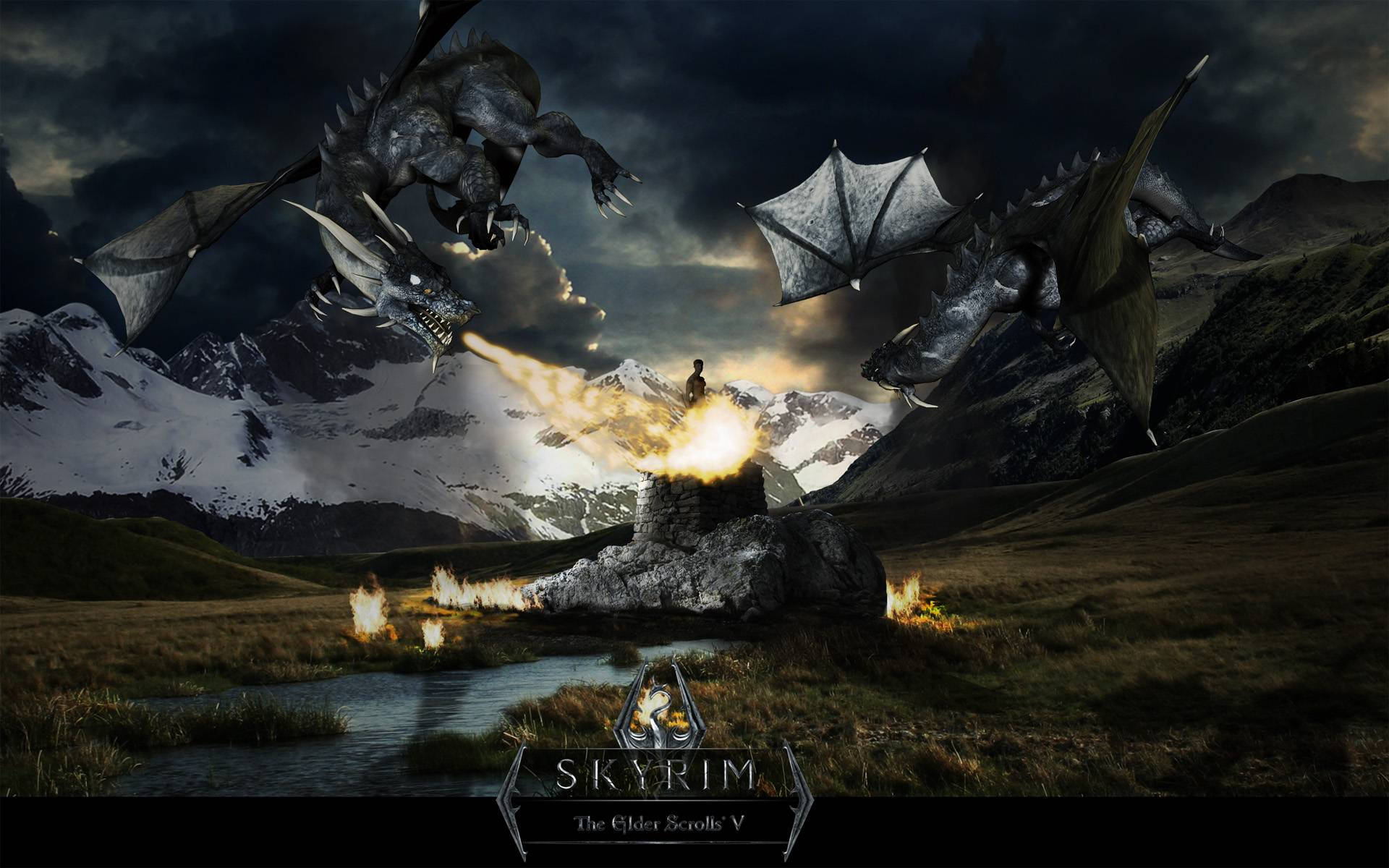 Skyrim Ultra HD Dragons Breathing Fire Wallpaper