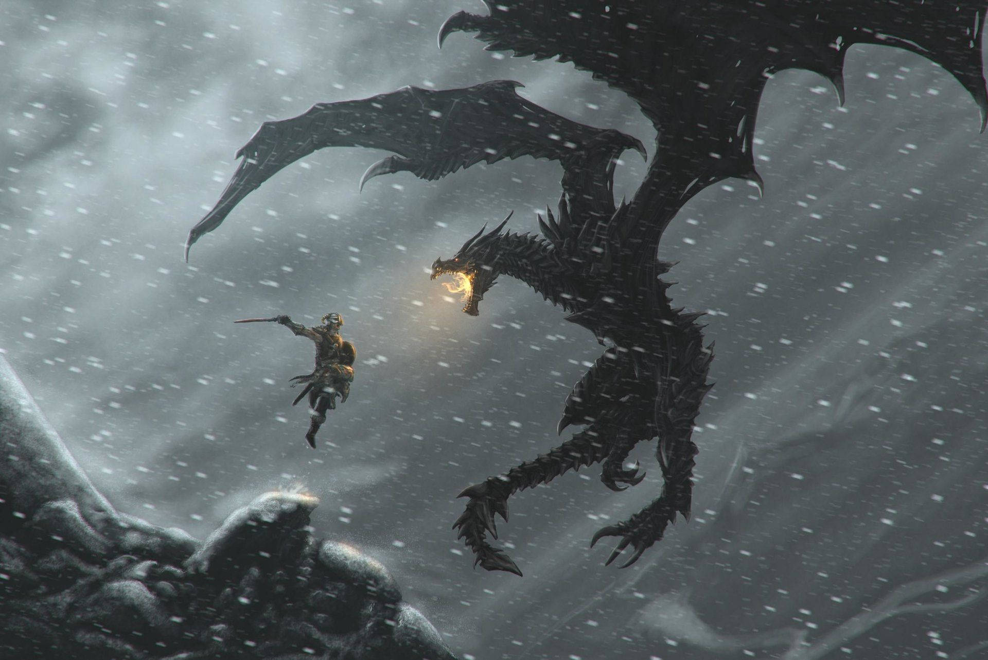 A Man Is Standing In The Snow With A Dragon Wallpaper