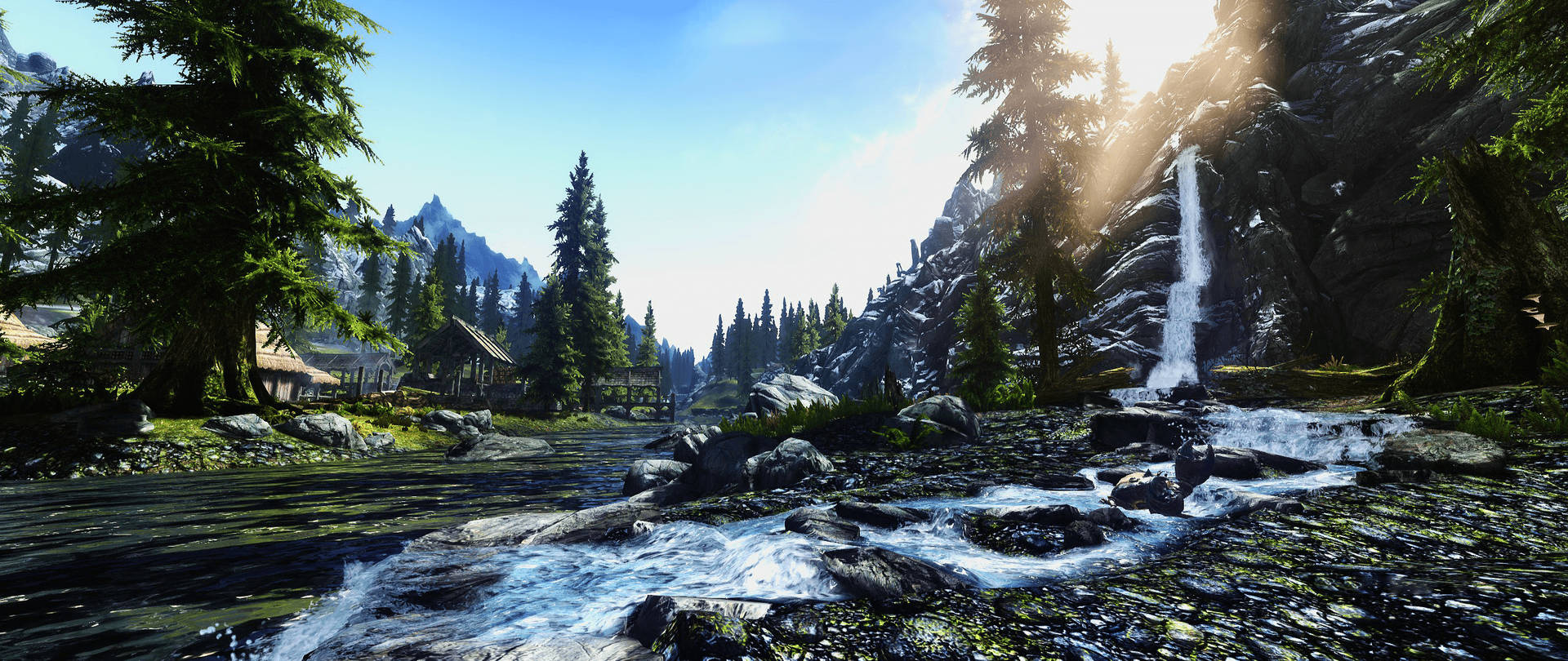 A Screenshot Of A Forest With A Waterfall Wallpaper