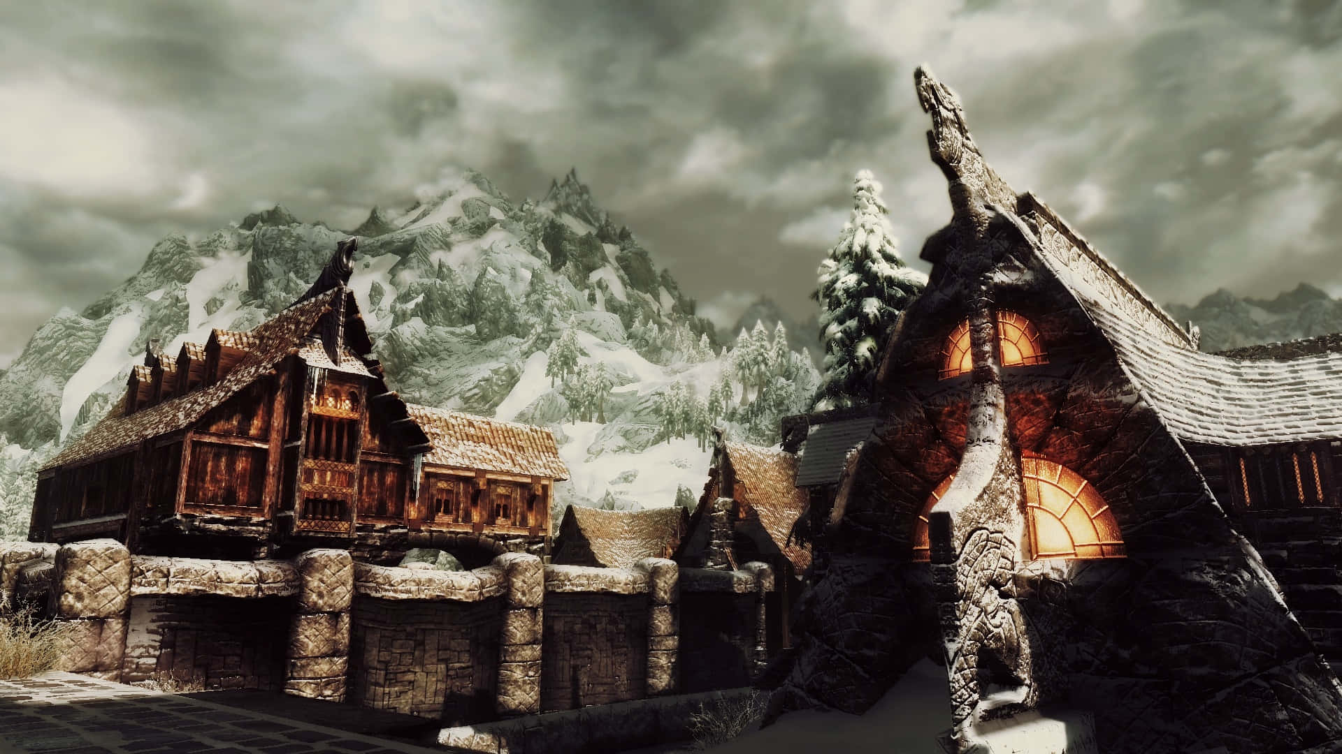 Majestic view of Windhelm, the ancient city in Skyrim Wallpaper