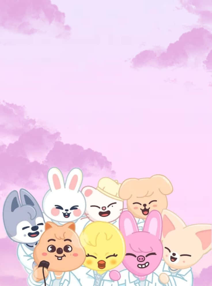 Skzoo_ Characters_ Group_ Pink_ Background Wallpaper