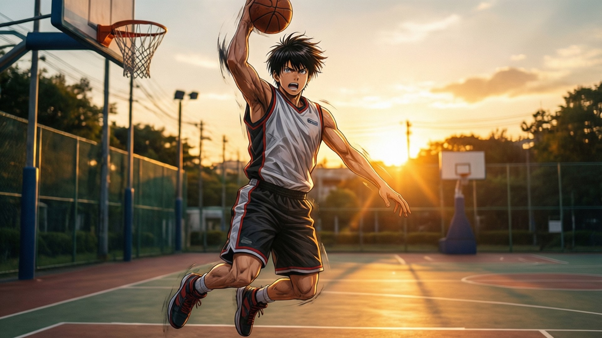 Ryu's Slam Dunk Wallpaper — An anime basketball player leaps midair to dunk at sunset on an outdoor court with golden light.