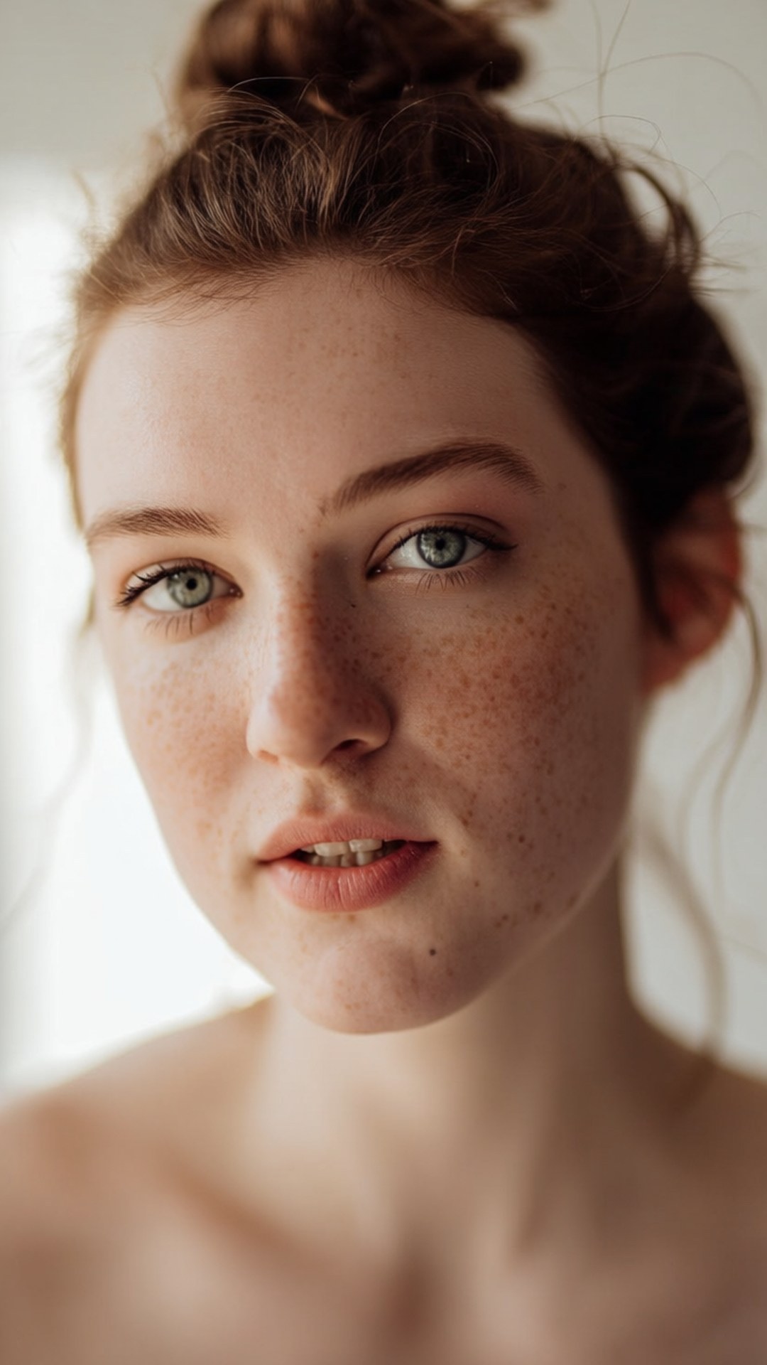 Messy Bun Close-Up Wallpaper — Close-up portrait of a freckled woman with green eyes and hair in a messy bun against a soft white background.