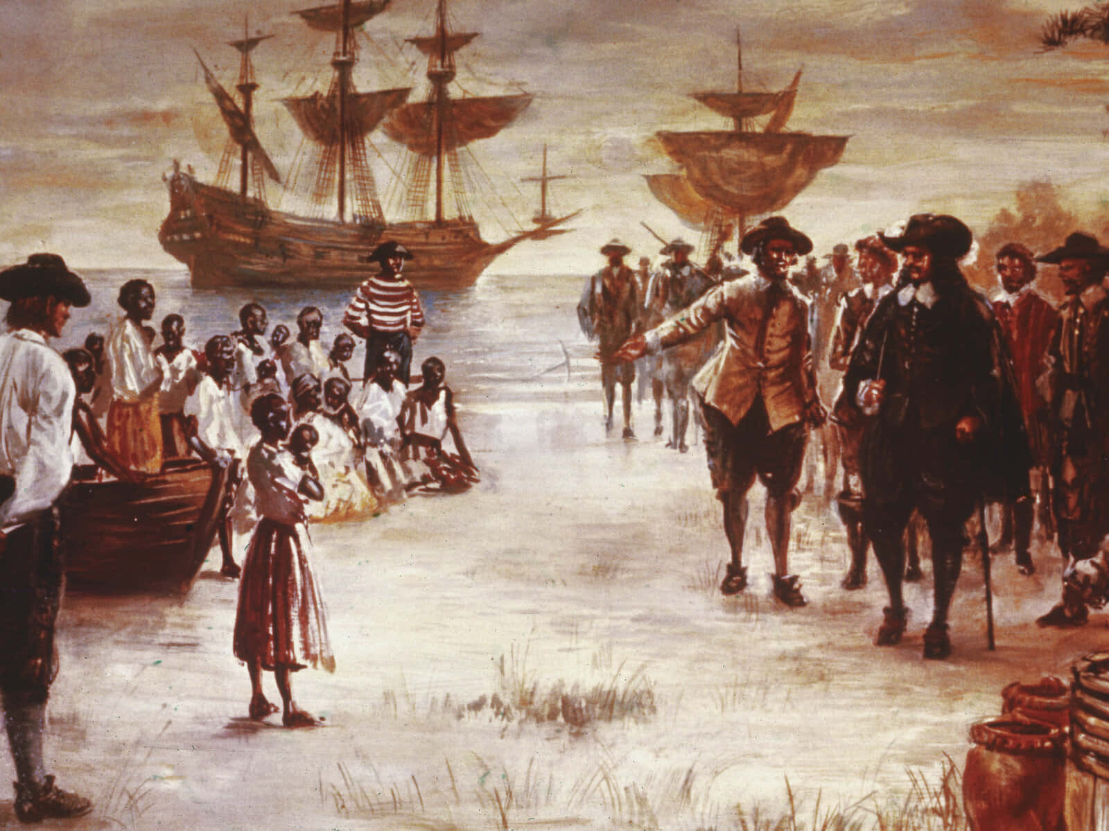 A Painting Of People Standing Near A Ship