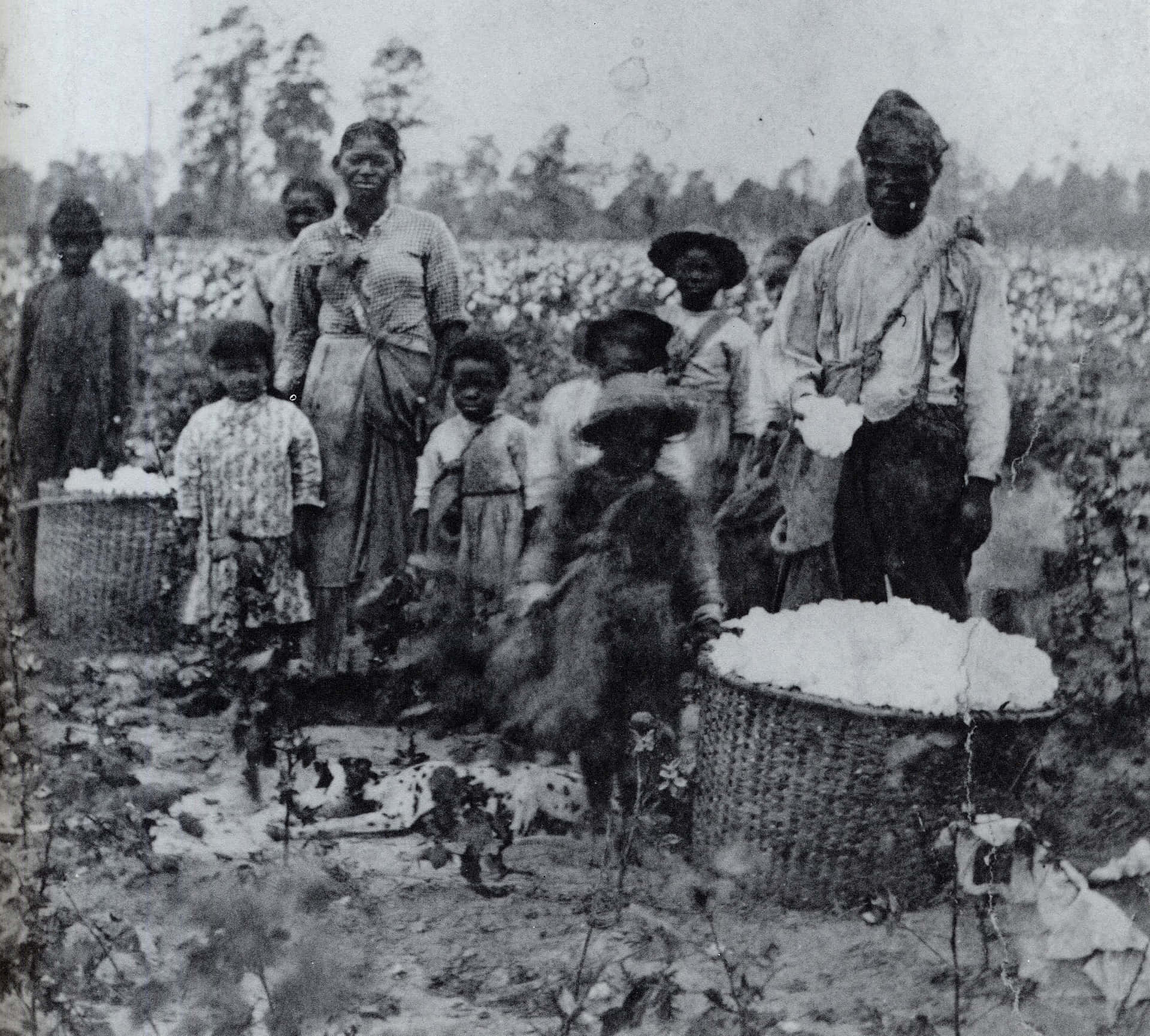 A Group Of People Standing In A Field With Baskets