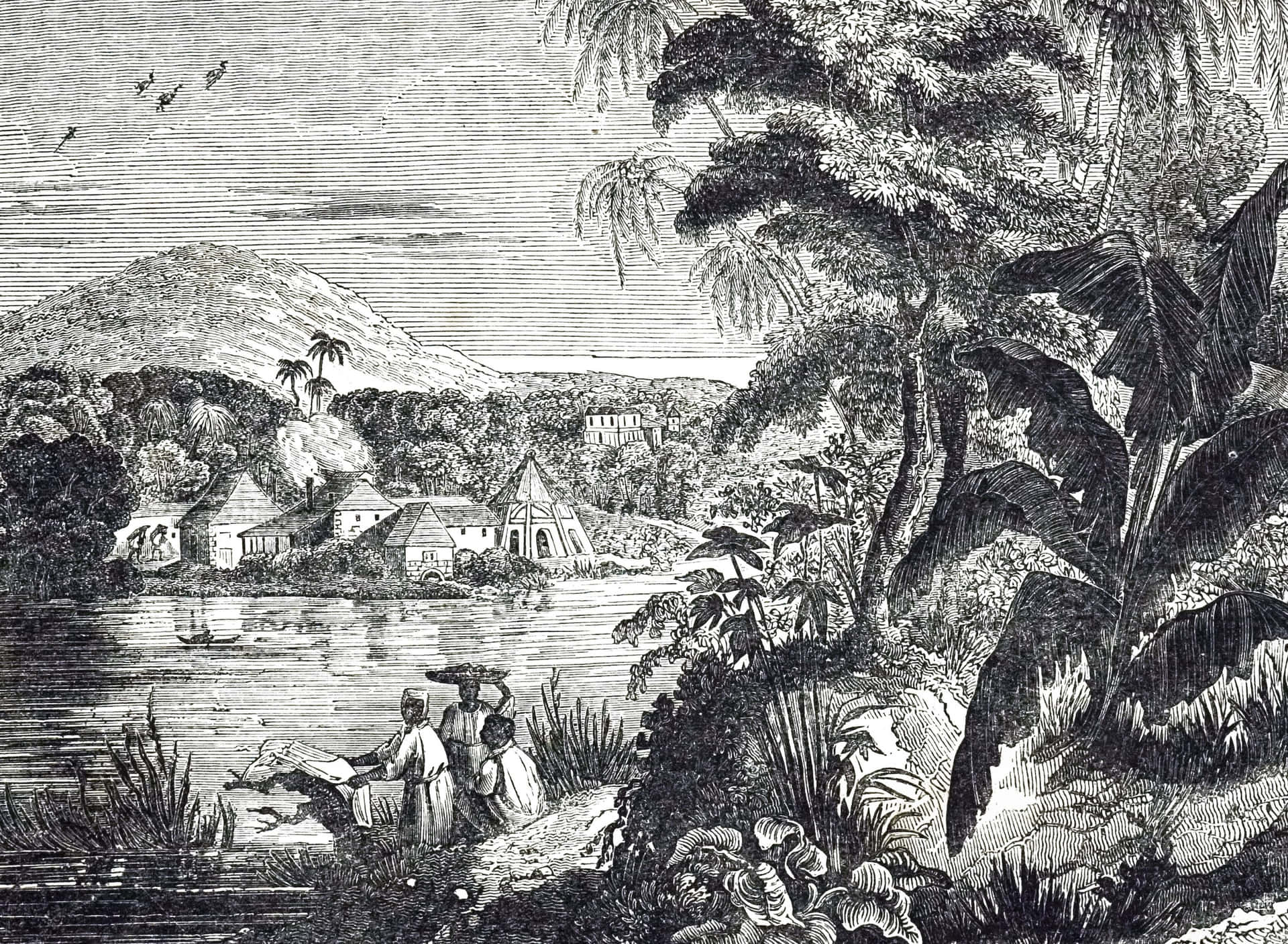 An Engraving Of A Scene With People And Trees