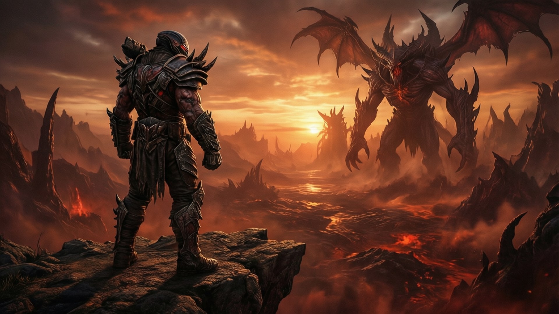 Solitude of the Slayer Wallpaper — A heavily armored warrior stands on a cliff overlooking a lava-filled valley as a massive demonic creature with bat-like wings rises from the molten earth under a fiery sunset.
