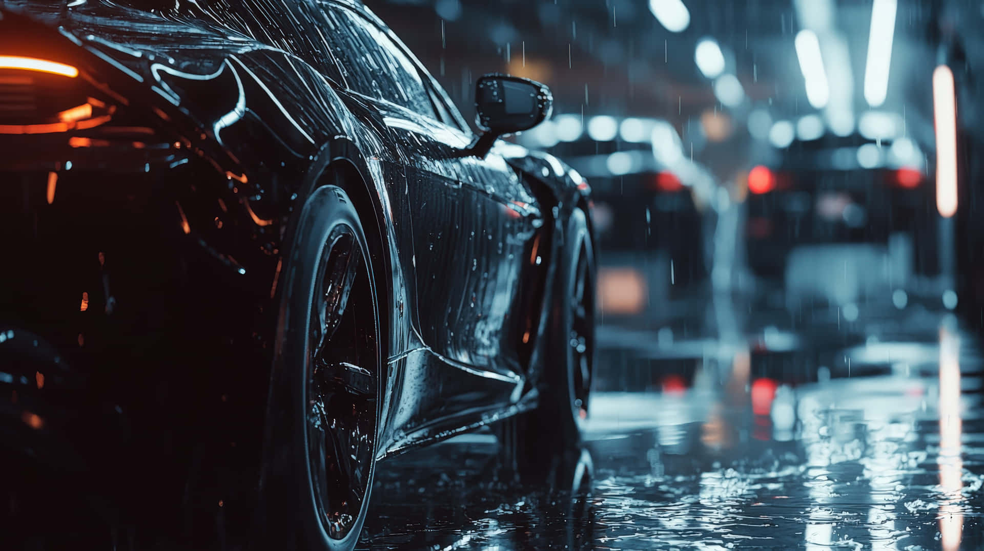 Sleek Sports Car In A Rainy City Street At Night. Wallpaper