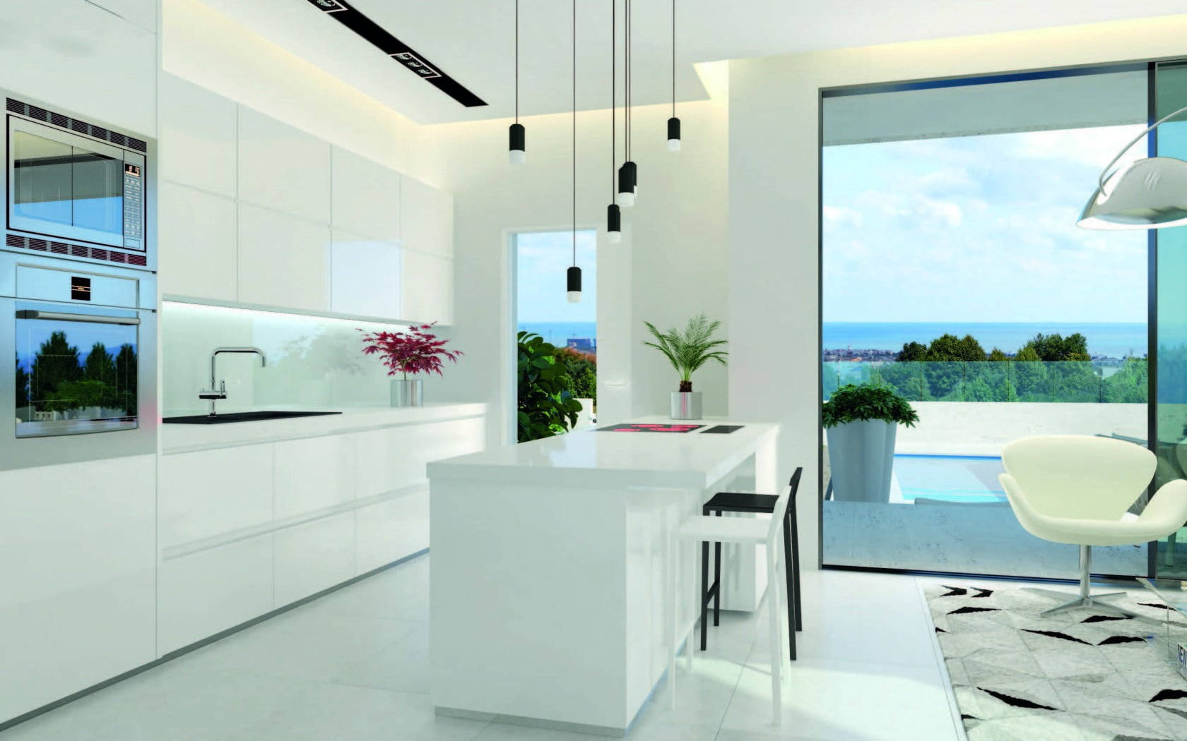 Sleek White Kitchen Design by the Pool Wallpaper