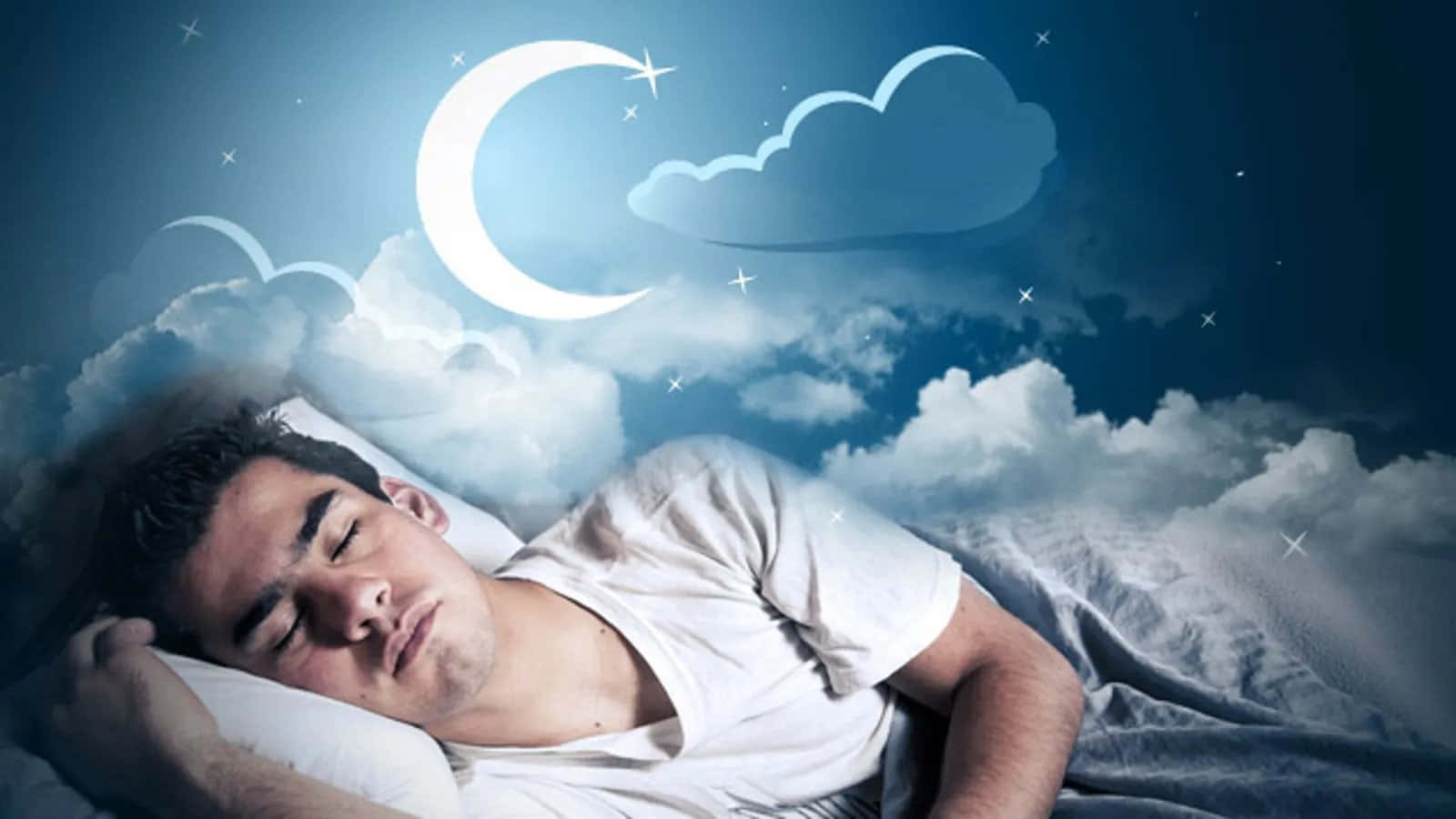 A Man Sleeping In Bed With A Crescent And Moon