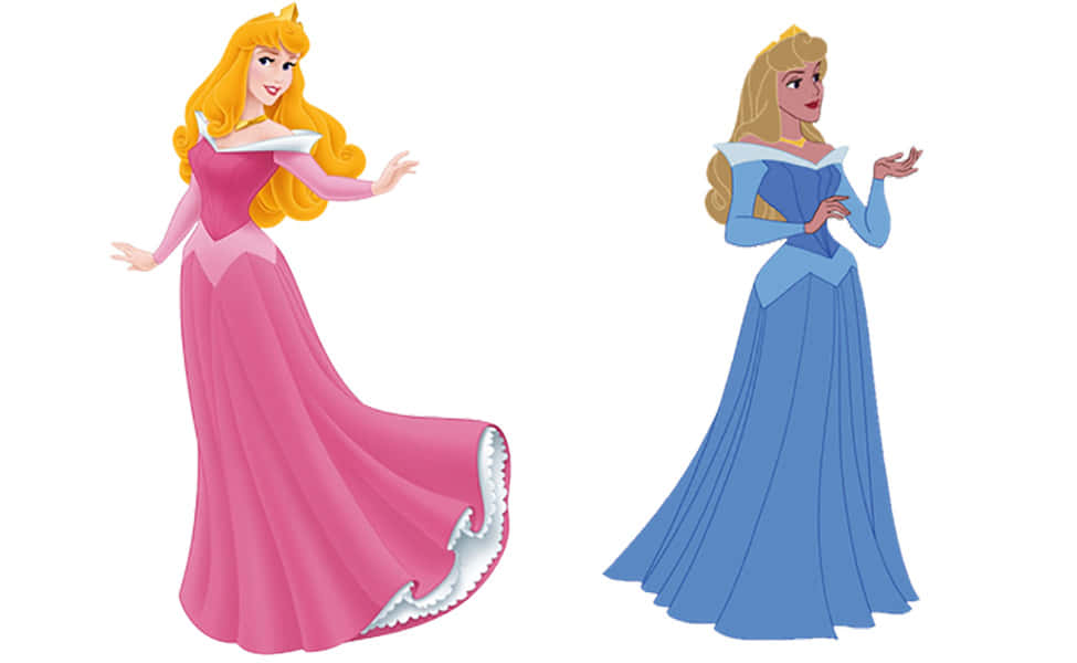 Two Princesses In Long Dresses Standing Next To Each Other