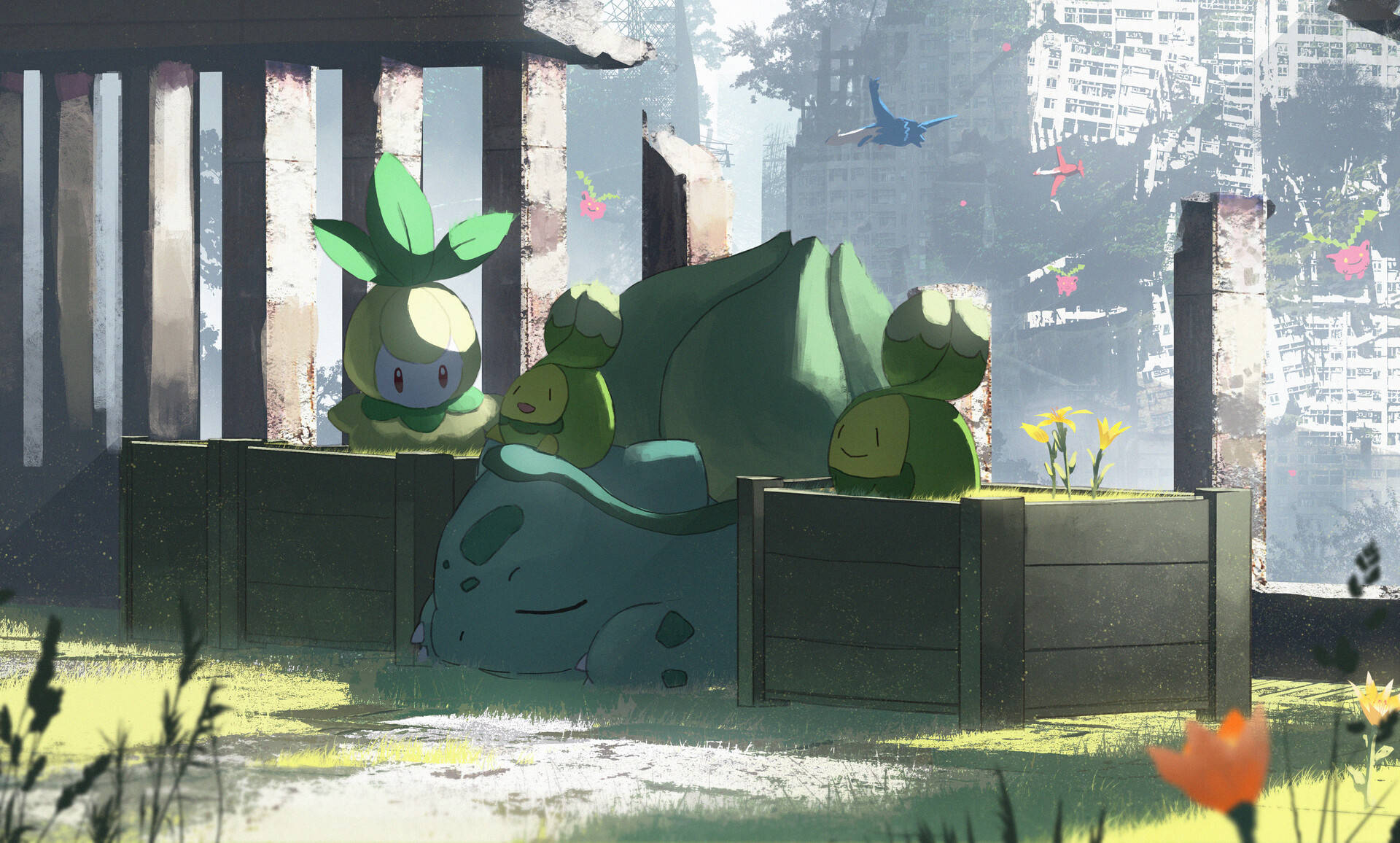 Sleeping Bulbasaur And Grass Pokemon Background