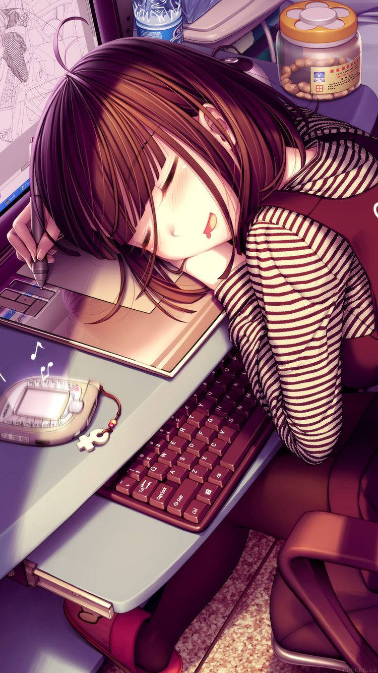 Bakgrundsbildenpå Min Iphone Är En Sömnig, Söt Anime-tjej. Wallpaper